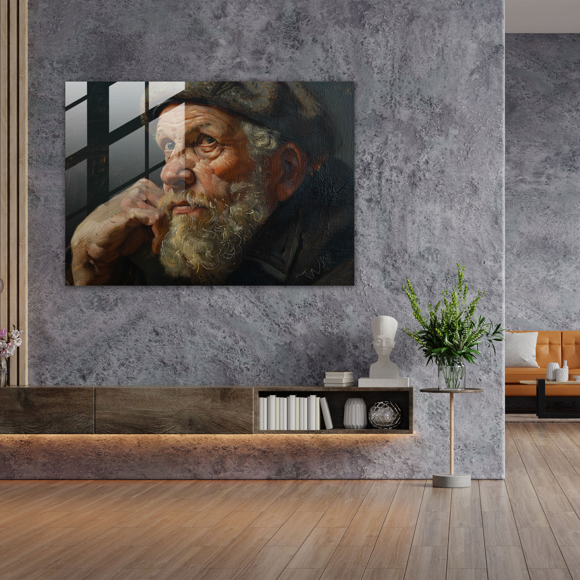 Rembrandt Glass Print: Man In Contemplation - Rembrandt, Glass Print, Portrait, Home Decoration