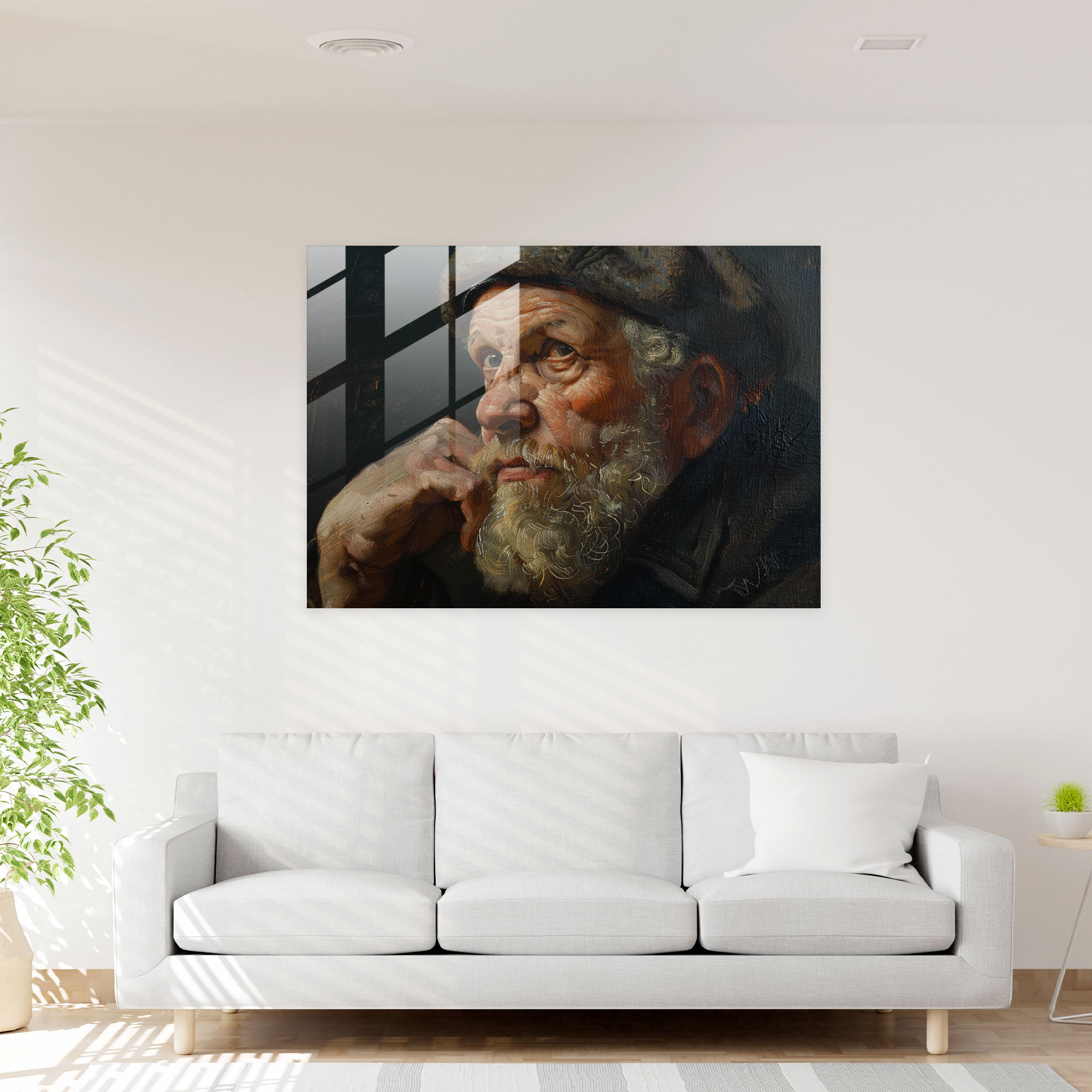 Rembrandt Glass Print: Man In Contemplation - Rembrandt, Glass Print, Portrait, Home Decoration
