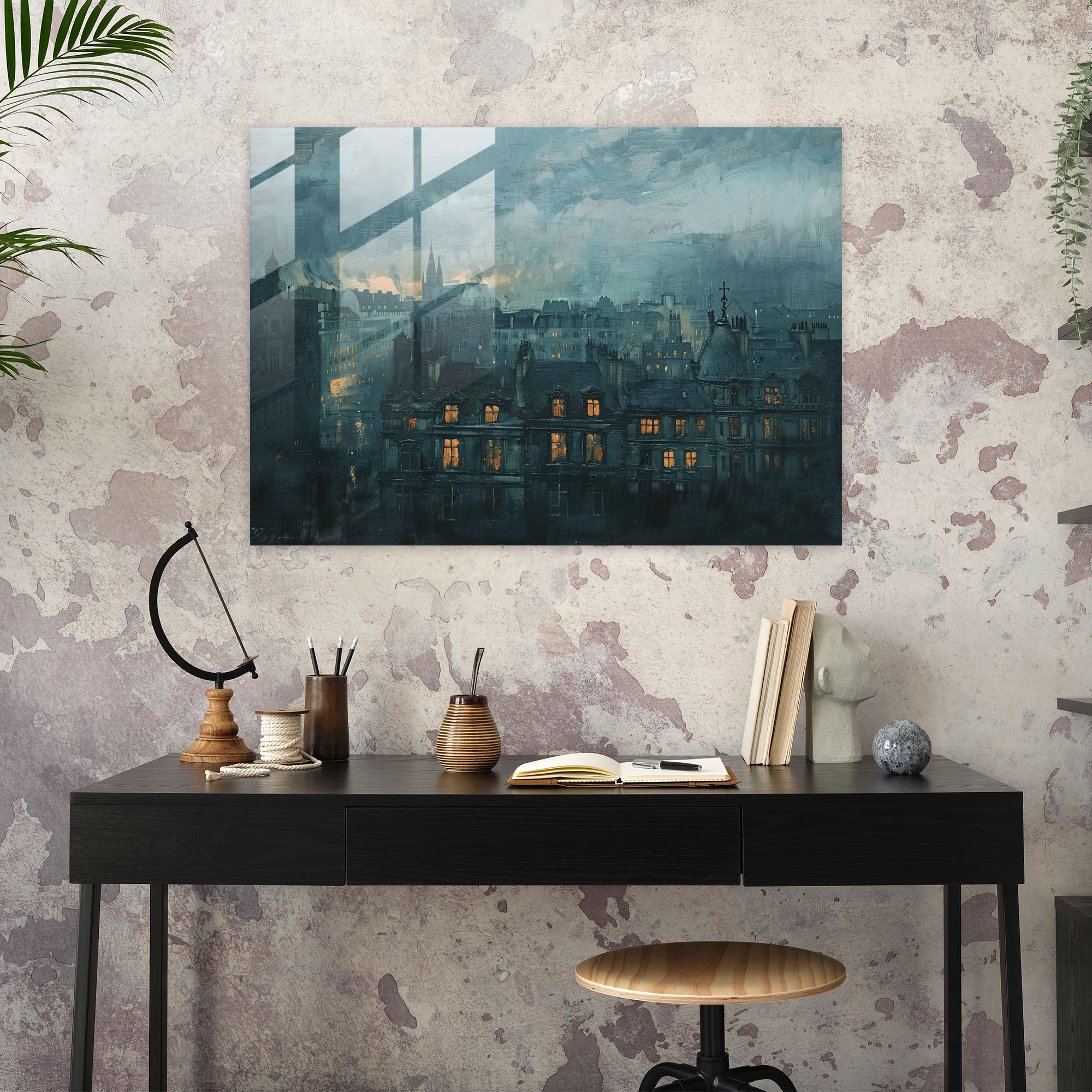 Rembrandt Glass Wall Art Home Decoration - Rembrandt, Cityscape At Dusk, Muted Tones, Glass Wall Art