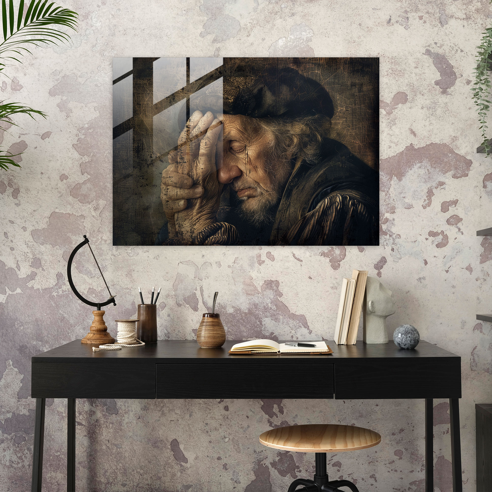 Rembrandt Glass Print - Man In Deep Contemplation - Rembrandt, Glass Print, Home Decoration, Modern Art