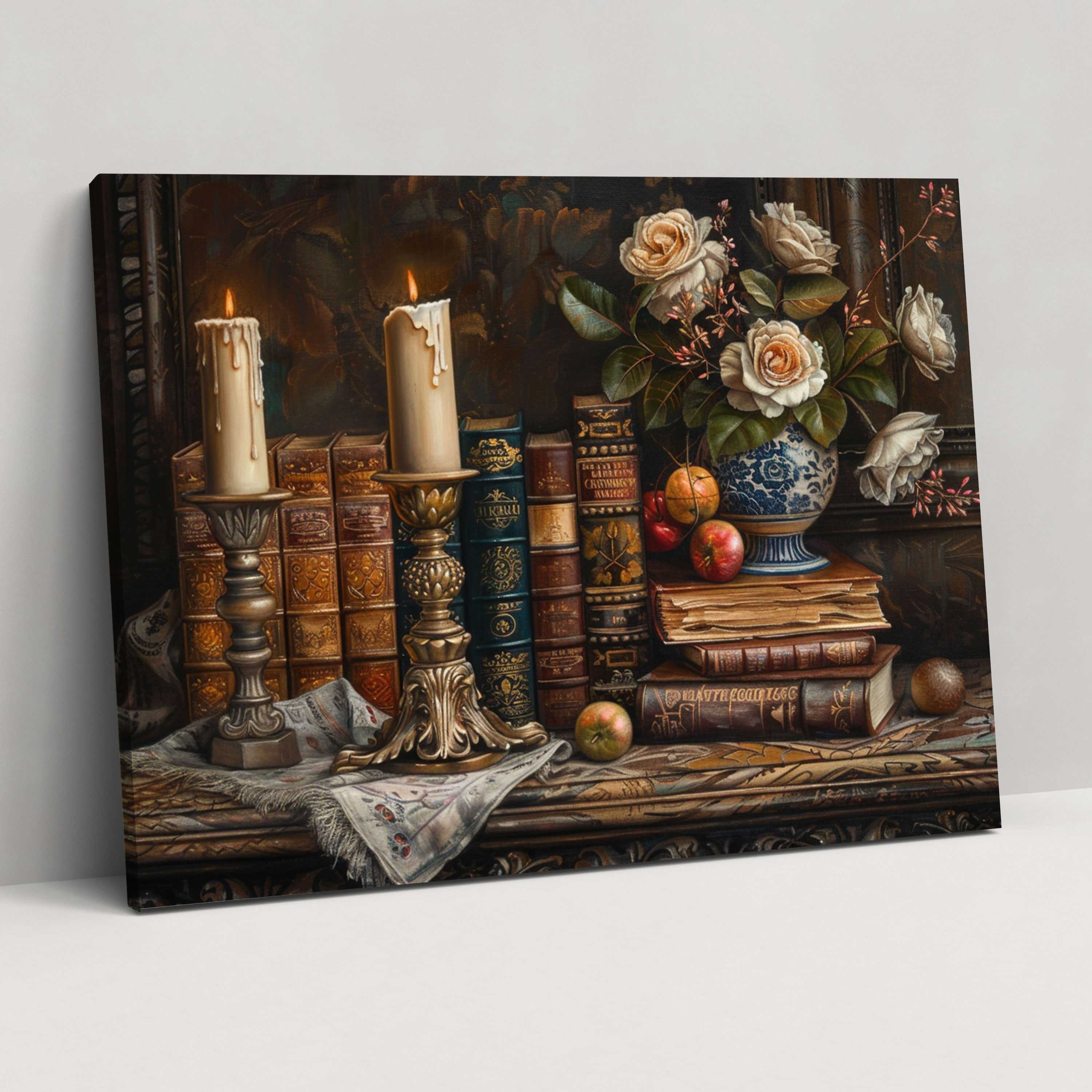 Realism Still Life Antique Books Wall Decoration - Realism, Antique Books, Reading Nook, Candle