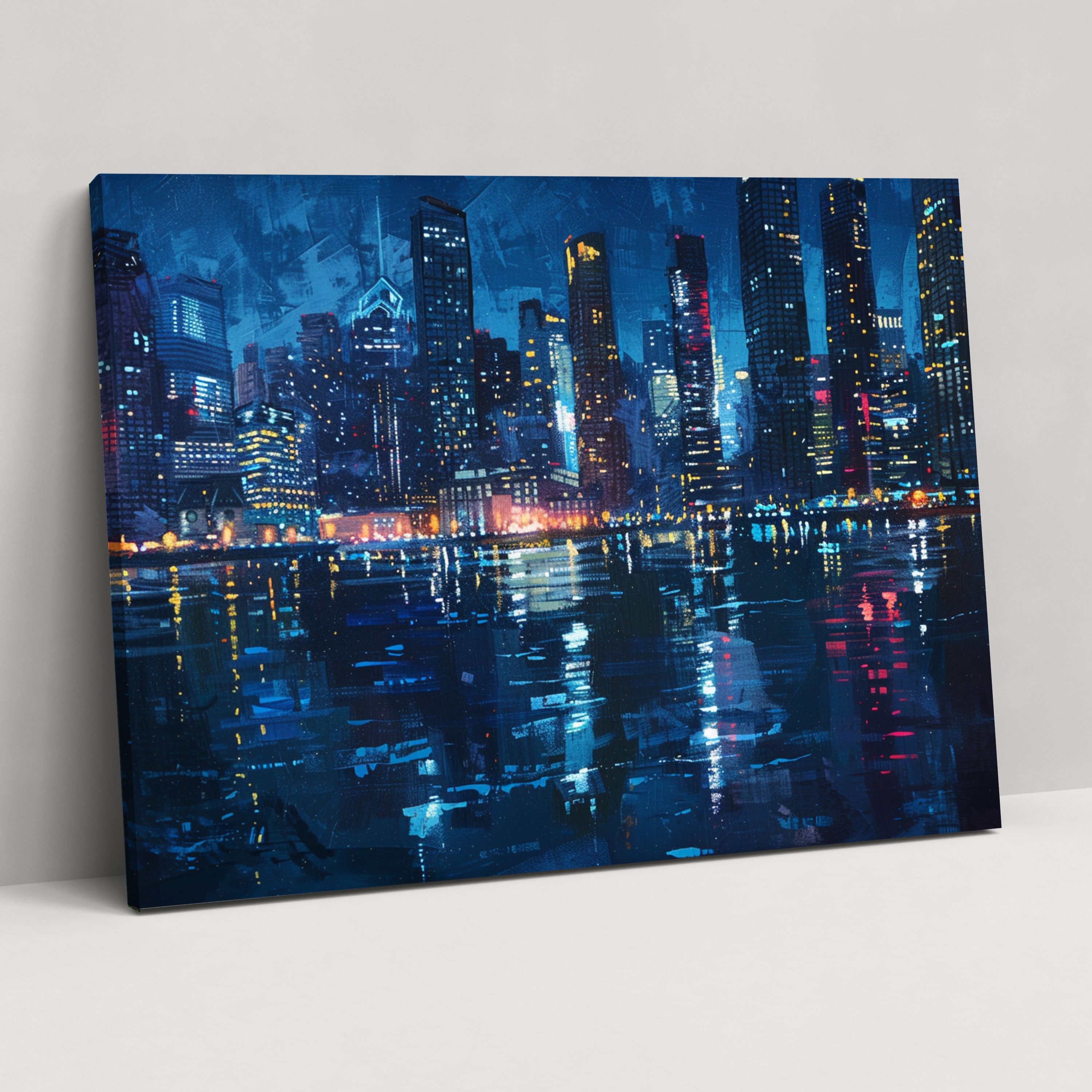 Realism Wall Decoration - Cityscape Skyscrapers Night Reflections Canvas Print - Realism, Canvas Wall Art, Wall Art, Realism