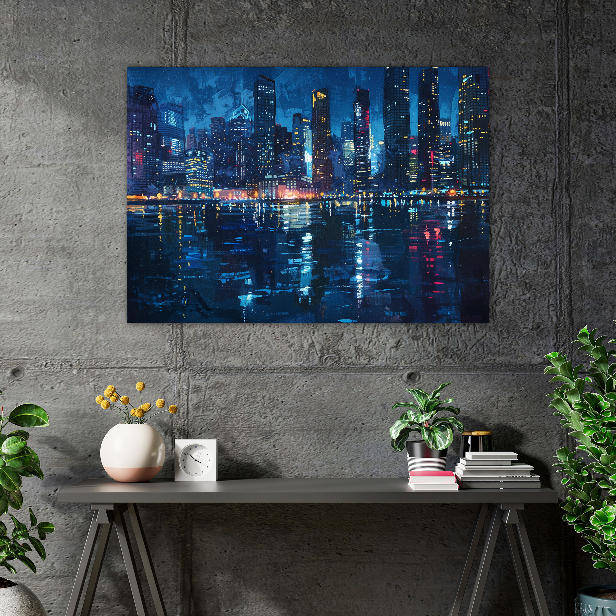 Realism Wall Decoration - Cityscape Skyscrapers Night Reflections Canvas Print - Realism, Canvas Wall Art, Wall Art, Realism