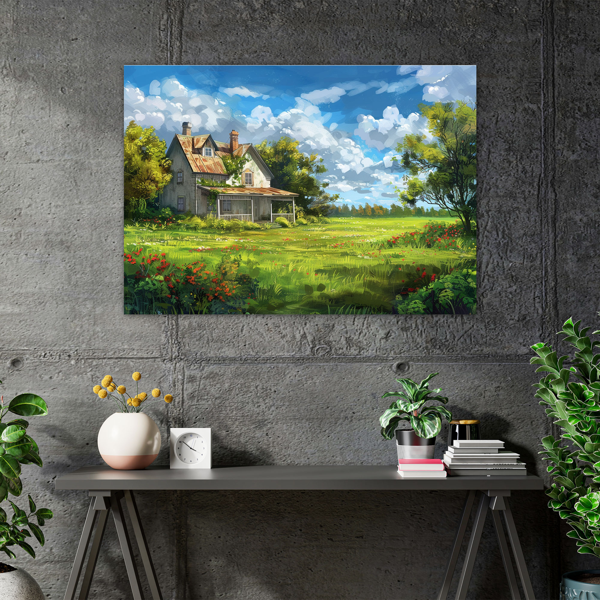 Realism Canvas Print: Old Farmhouse In A Lush Green Field - Realism, Realism, Canvas Print, Wall Art
