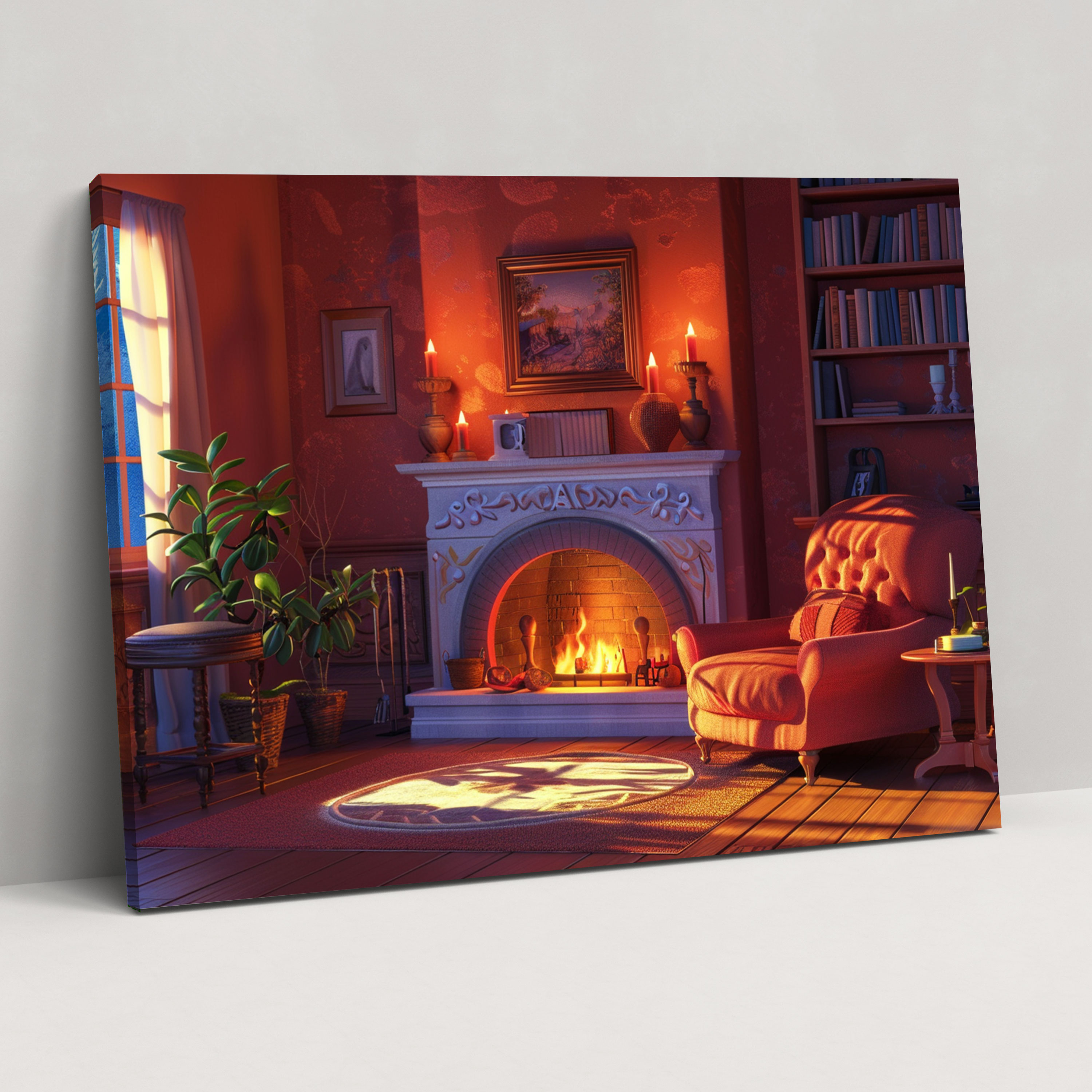 Realism Canvas Print: Cozy Living Room With Fireplace - Realism, Canvas Wall Art, Canvas Print, Canvas