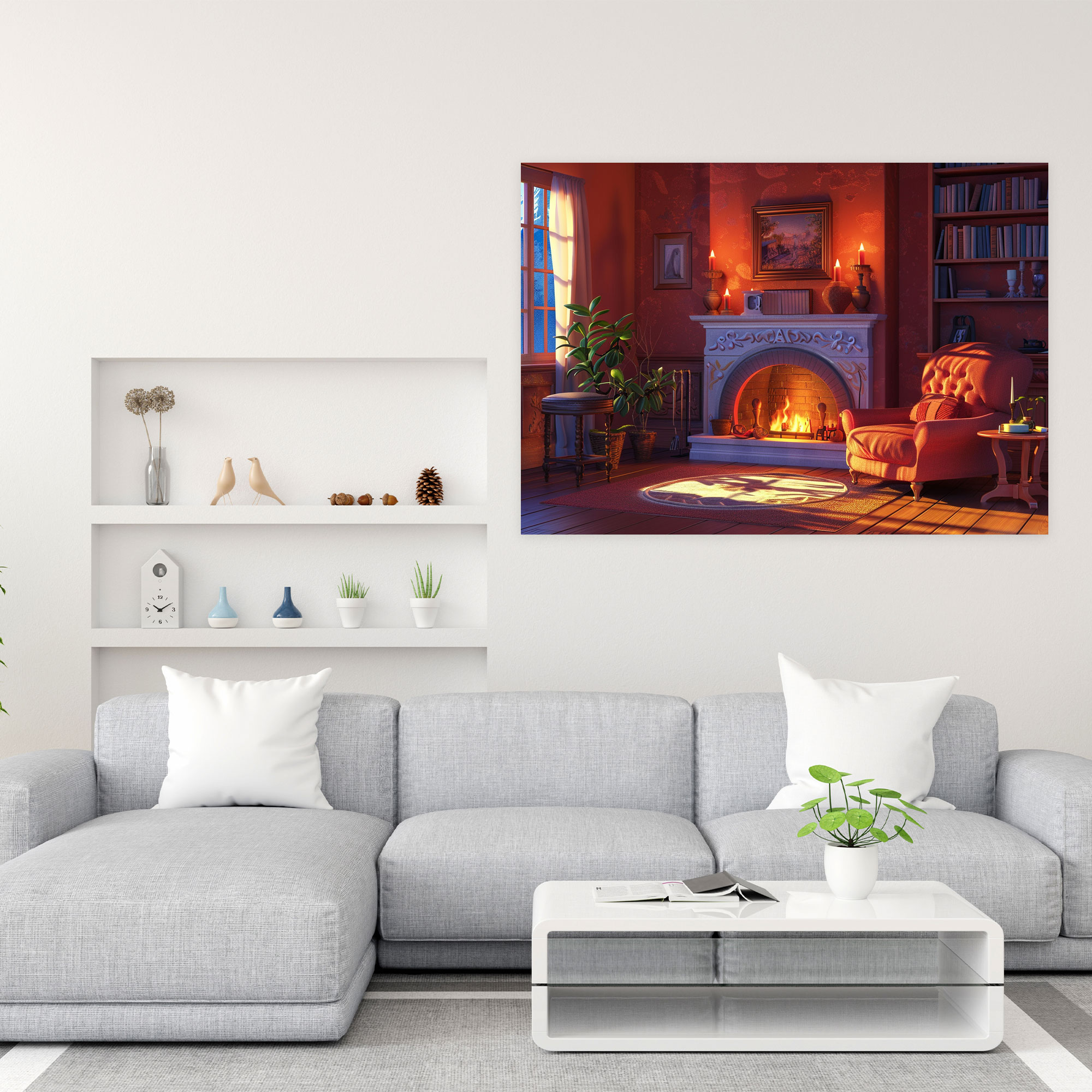 Realism Canvas Print: Cozy Living Room With Fireplace - Realism, Canvas Wall Art, Canvas Print, Canvas