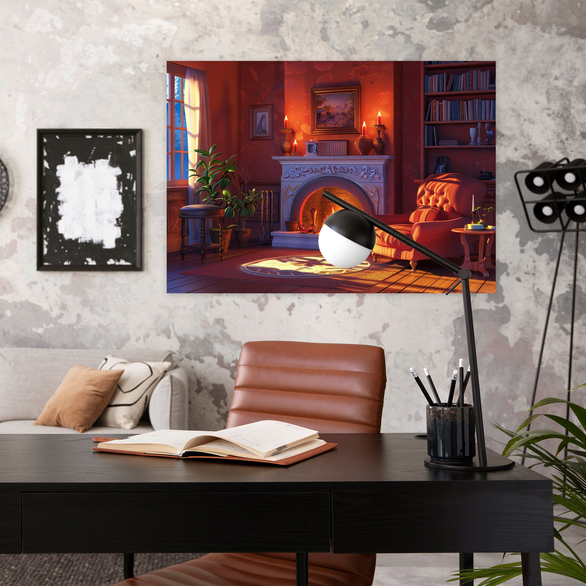 Realism Canvas Print: Cozy Living Room With Fireplace - Realism, Canvas Wall Art, Canvas Print, Canvas