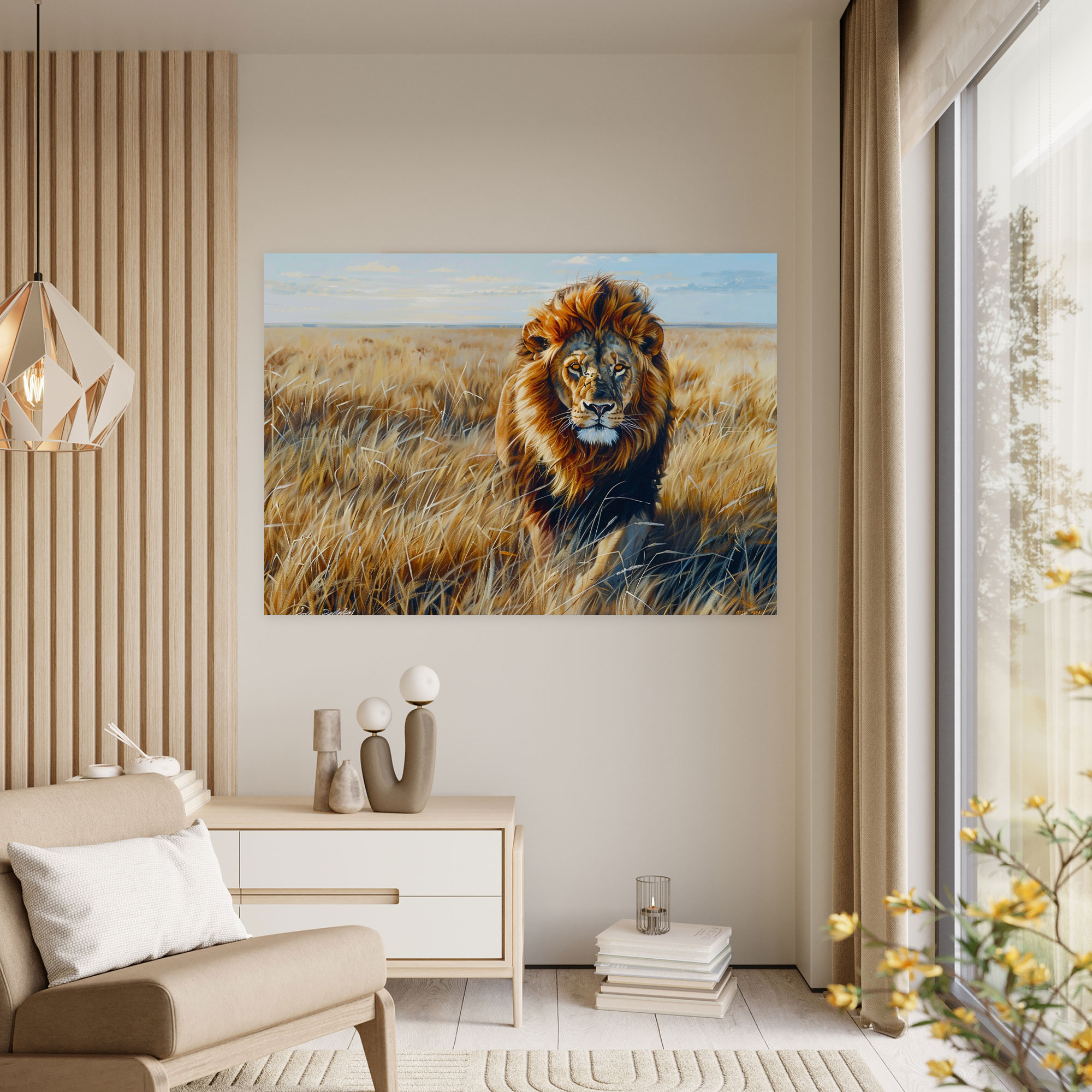Realism Wall Decoration: Majestic Lion In The Savannah - Realism, Home Decoration, Canvas, Wall Decoration