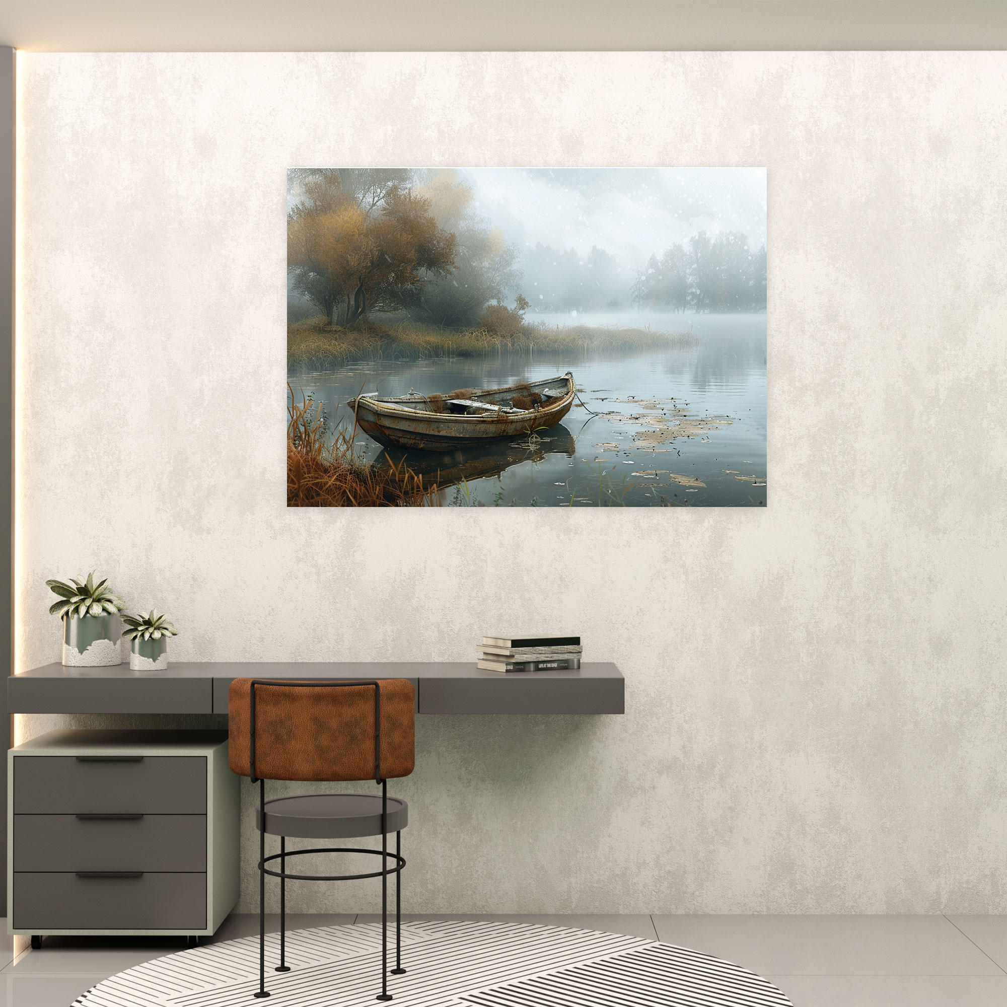 Realism Wall Art: Misty River Dock - Realism, Misty Morning, Realism, Boat