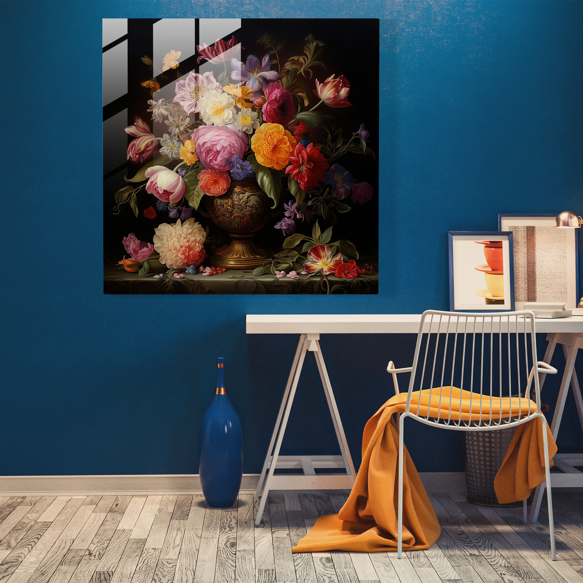 Rönesans Çiçekli Cam Tablo - Rönesans Cam Duvar Sanatı Modern Sanat