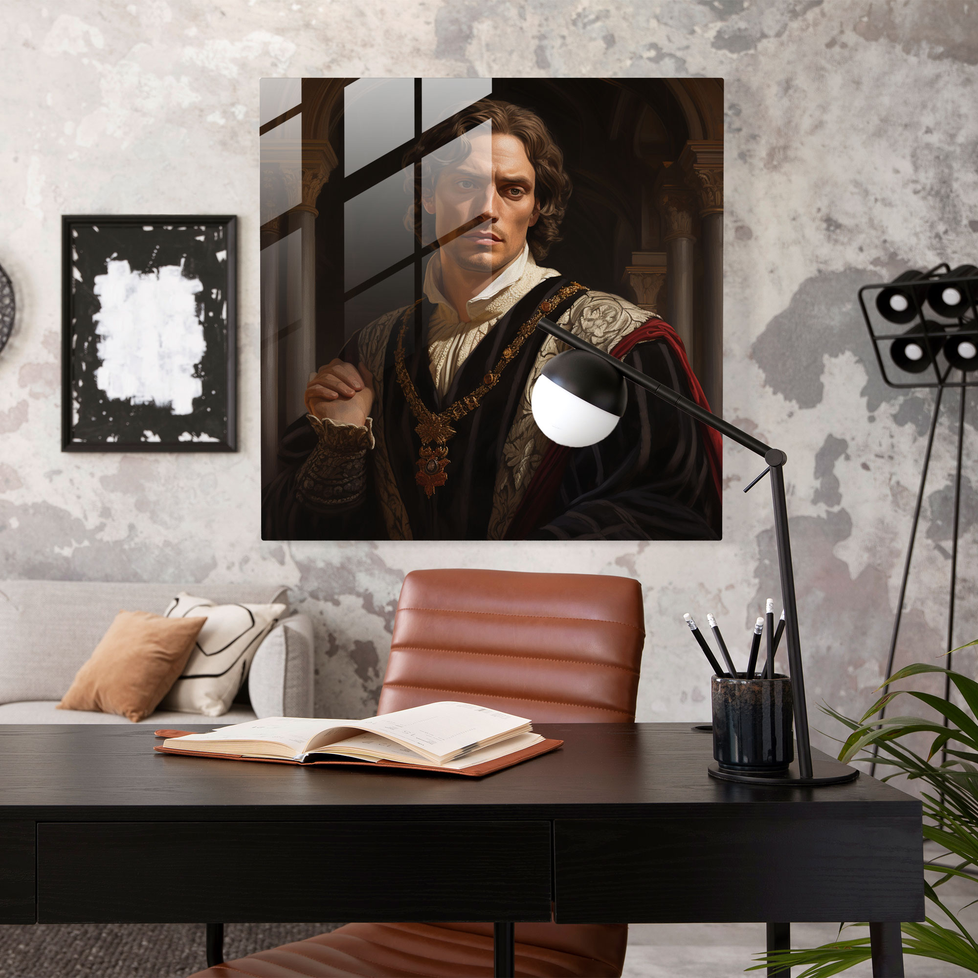 Rönesans Beyefendisi Cam Tablosu - Rönesans Cam Tablo Modern Sanat Rönesans Esinlenmeli Portre