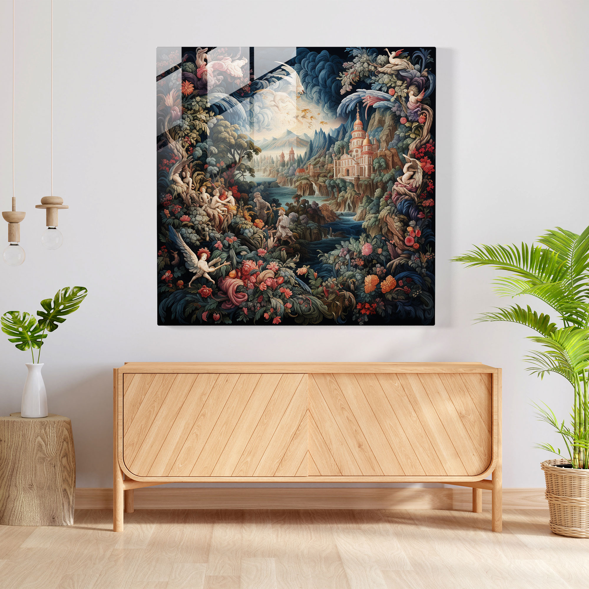 Renaissance Mythology Glass Print - Renaissance, Vibrant Colors, Wall Decoration, Intricate Tapestry Design