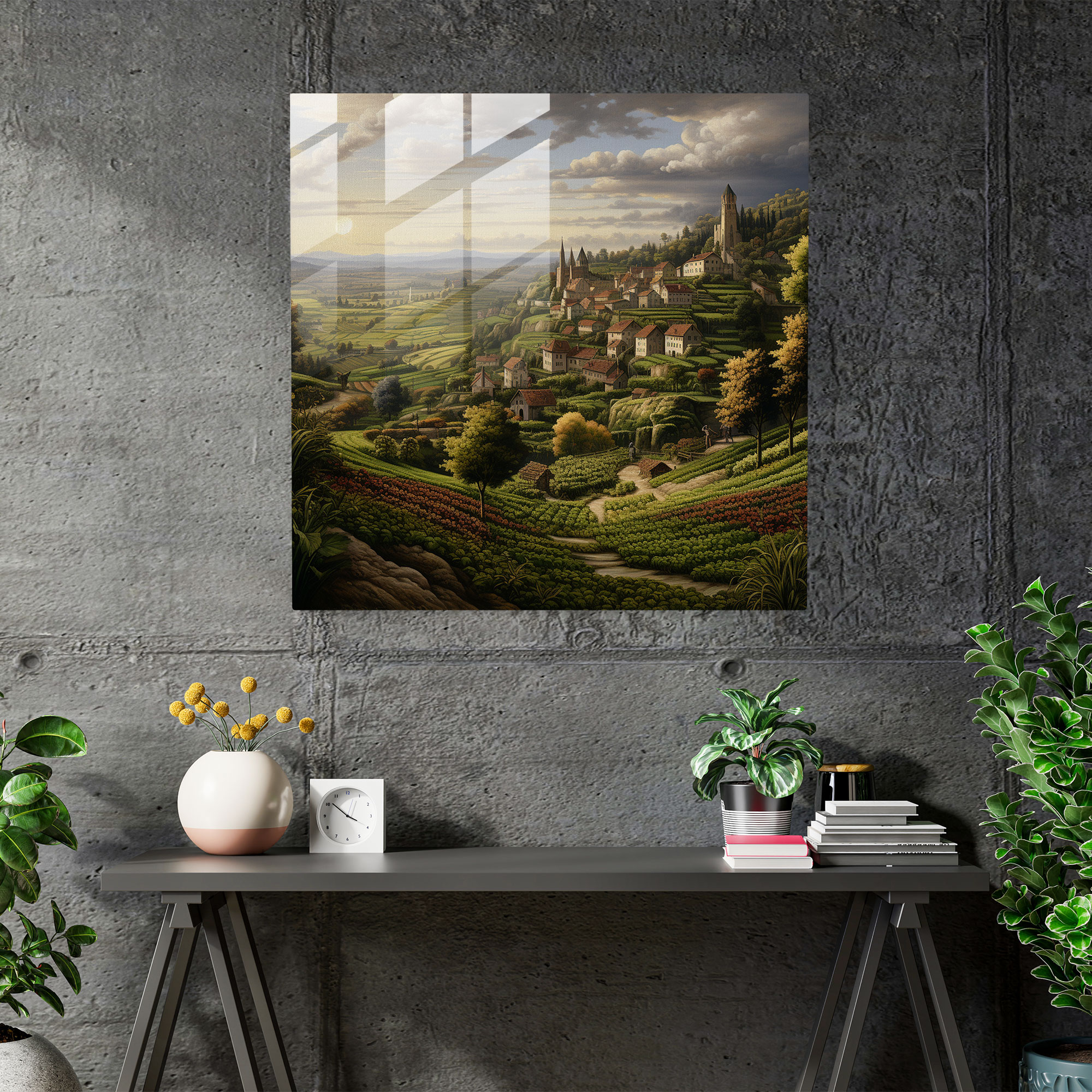 Rönesans Kırsal Cam Tablo - Rönesans Modern Sanat Huzurlu Kırsal atmosfer