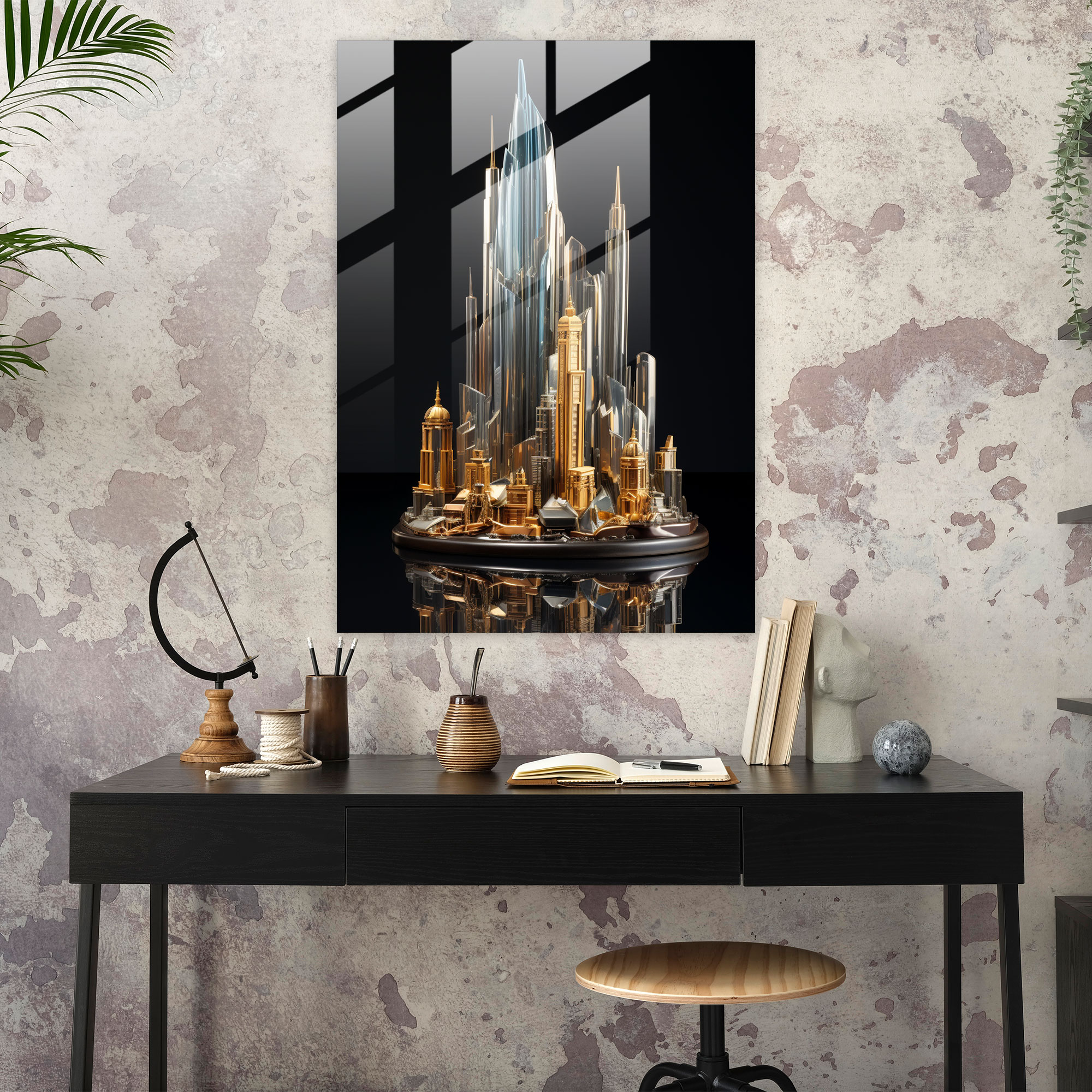 Realistic Glass Sculpture - City Skyline Glass Print - Realistic Glass Sculpture, Glass Print, City Skyline, Wall Decoration