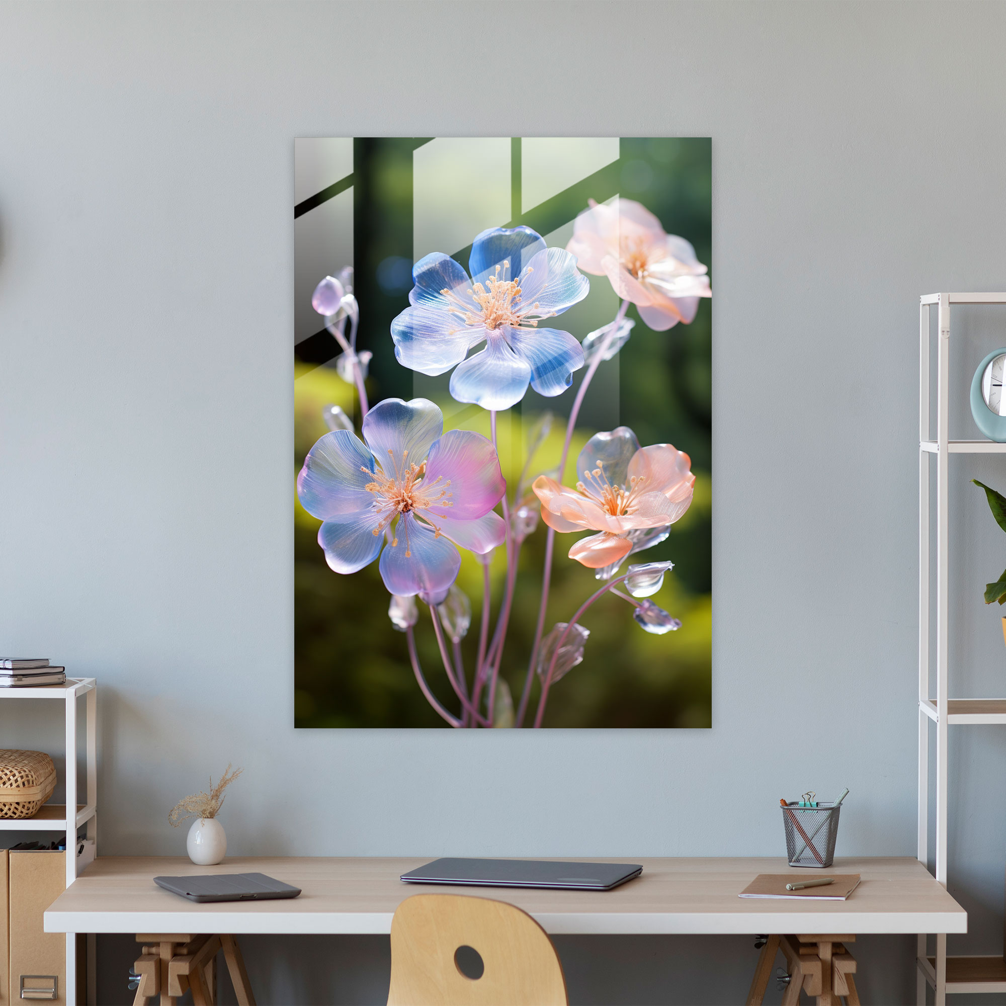 Realistic Glass Sculpture - Blooming Flowers Glass Print - Realistic Glass Sculpture, Serene Garden, Nature's Beauty, Glass Art