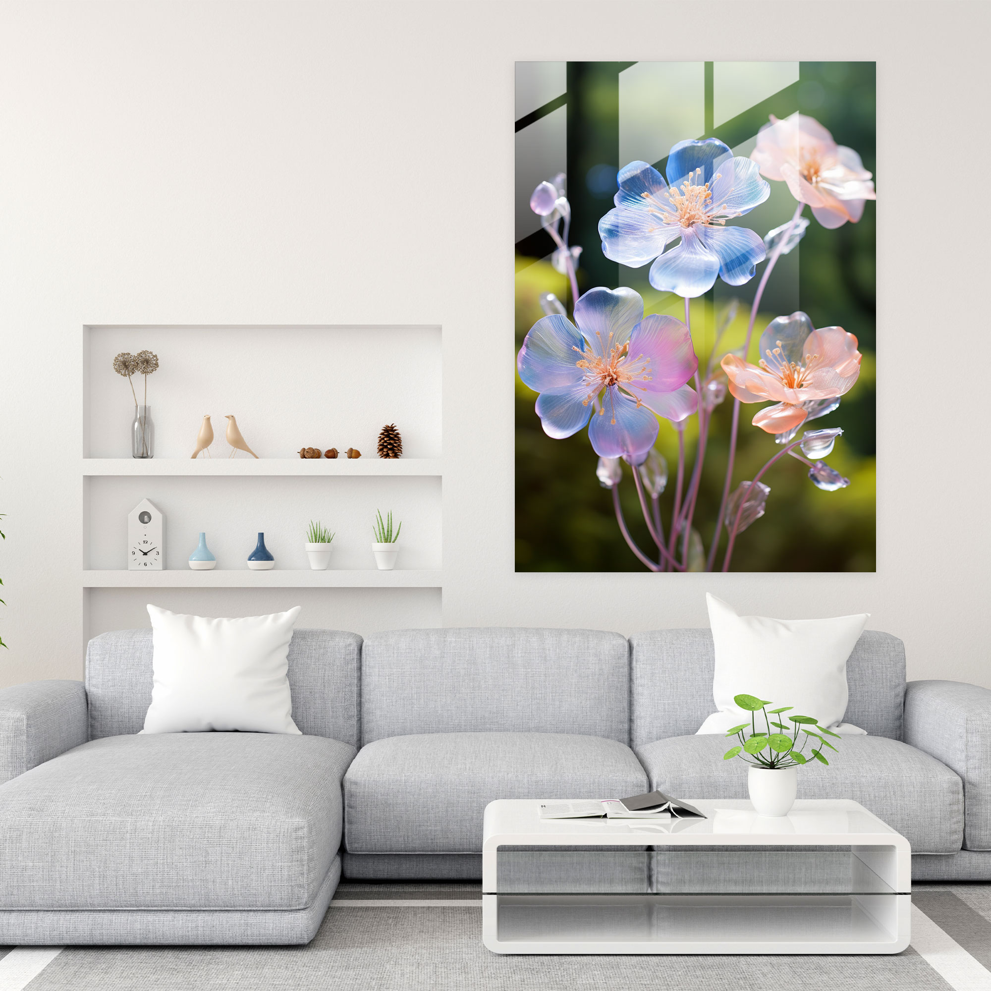 Realistic Glass Sculpture - Blooming Flowers Glass Print - Realistic Glass Sculpture, Serene Garden, Nature's Beauty, Glass Art