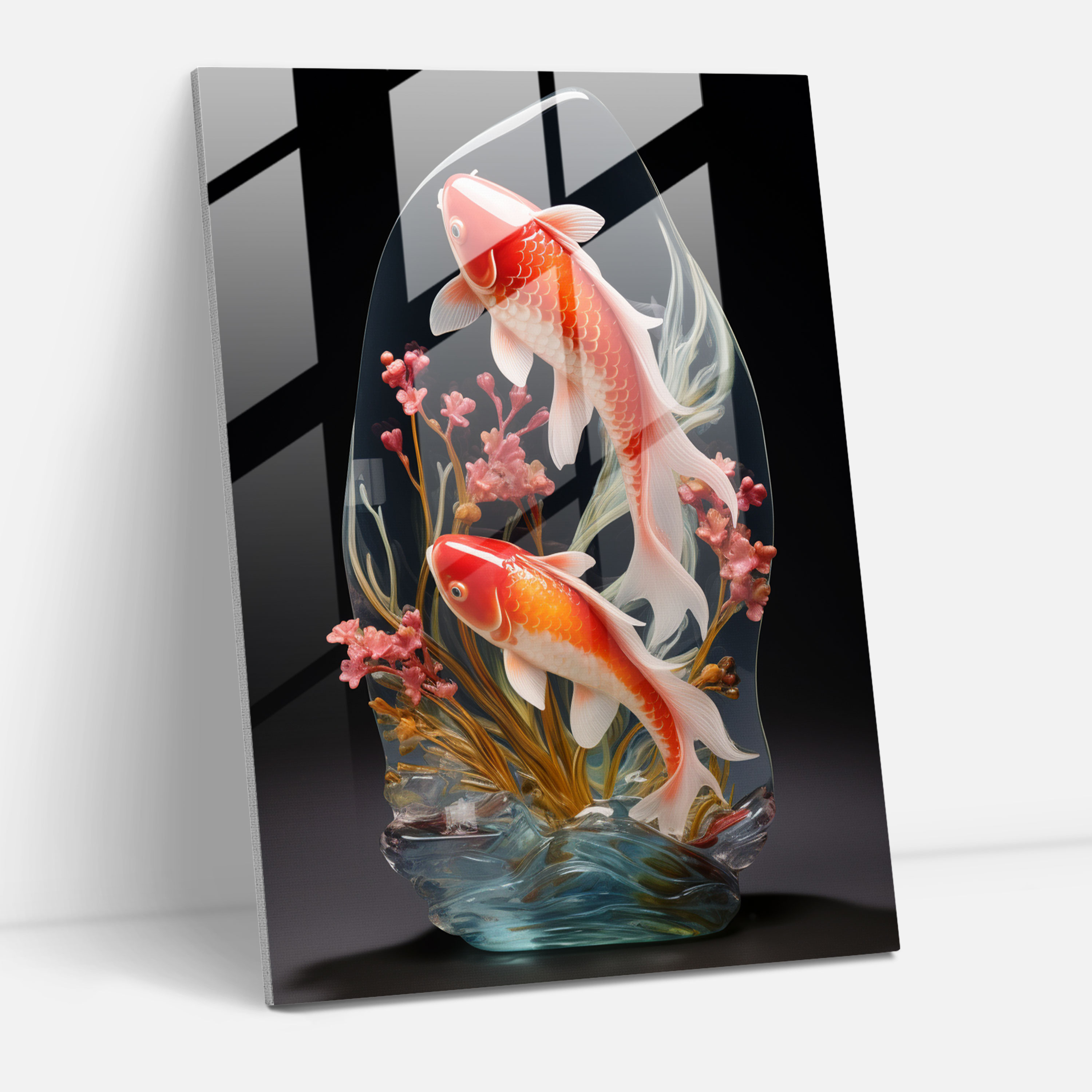 Realistic Glass Sculpture - Tranquil Pond Glass Wall Art - Realistic Glass Sculpture, Realistic Glass Sculpture, Serene Koi Fish, Peace And Harmony