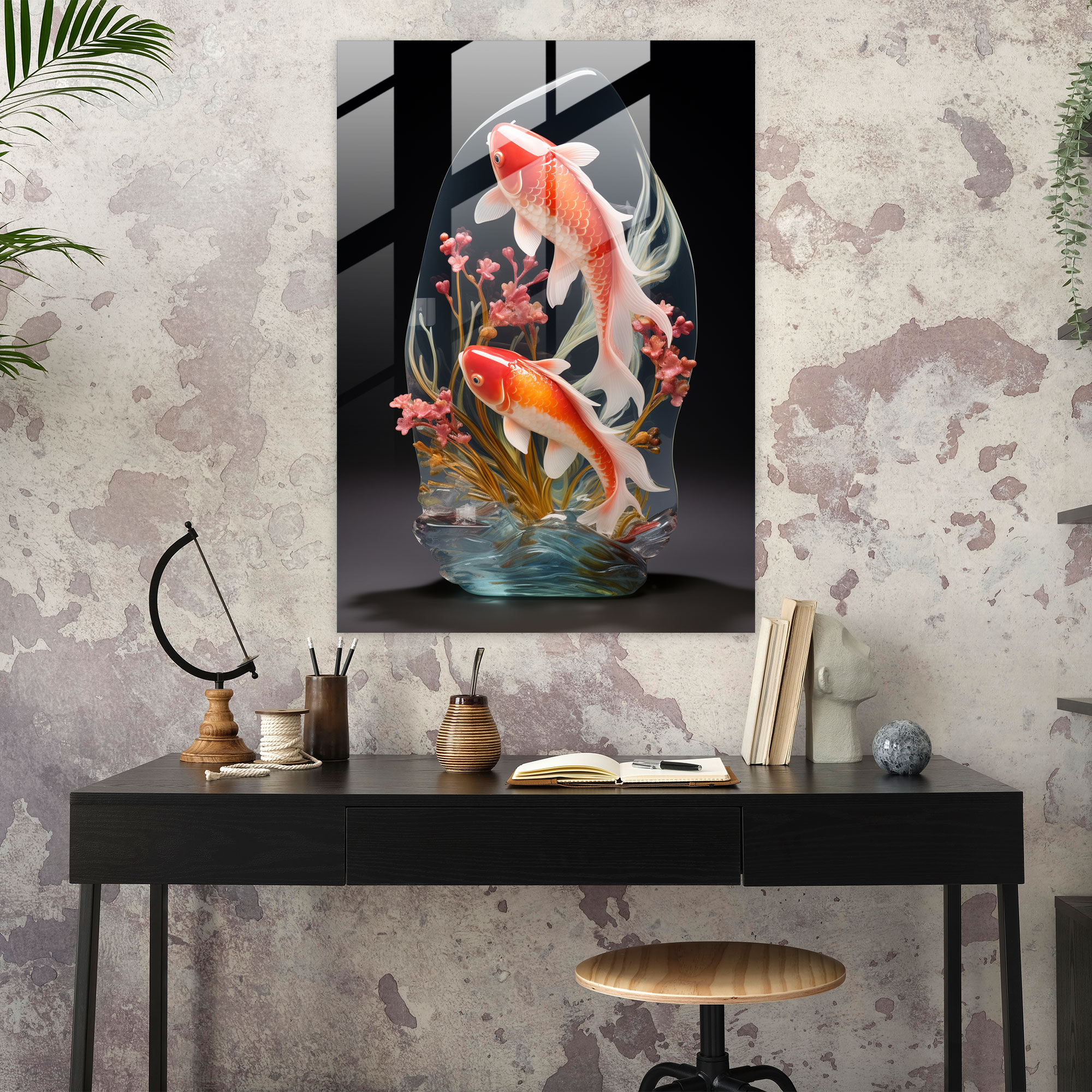 Realistic Glass Sculpture - Tranquil Pond Glass Wall Art - Realistic Glass Sculpture, Realistic Glass Sculpture, Serene Koi Fish, Peace And Harmony