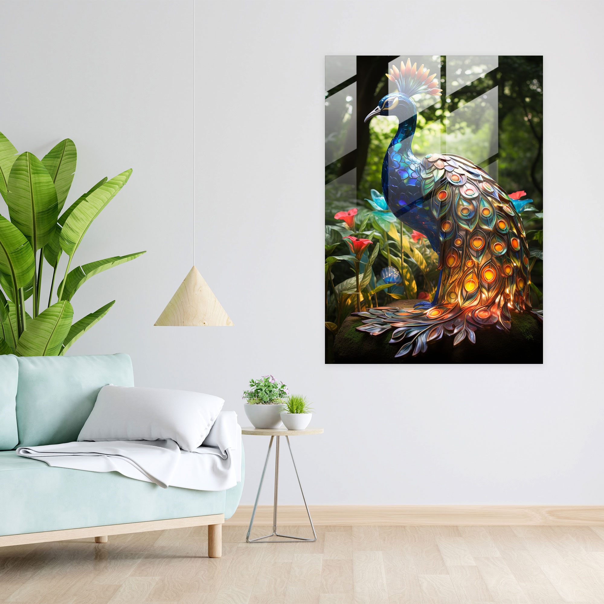 Realistic Glass Sculpture - Peacock Garden Glass Print - Realistic Glass Sculpture, Nature Theme, Wall Decoration, Lush Garden
