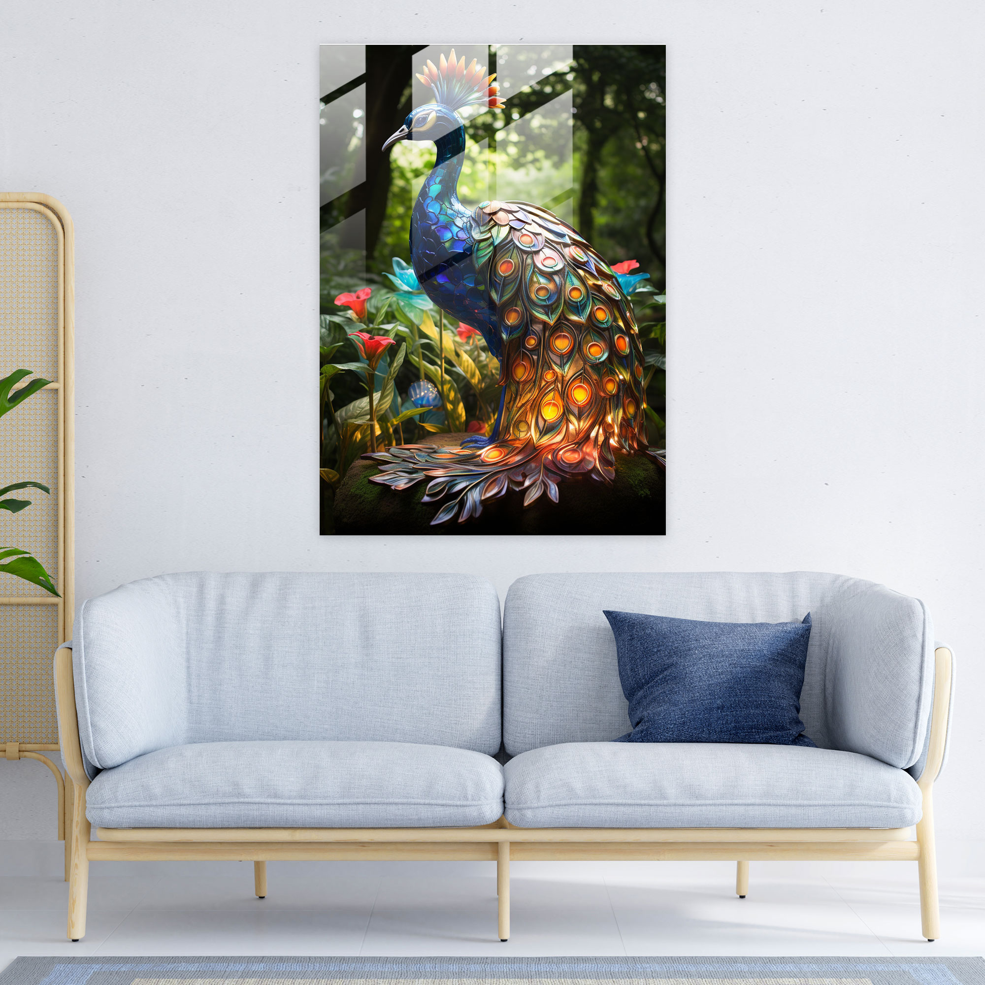 Realistic Glass Sculpture - Peacock Garden Glass Print - Realistic Glass Sculpture, Nature Theme, Wall Decoration, Lush Garden