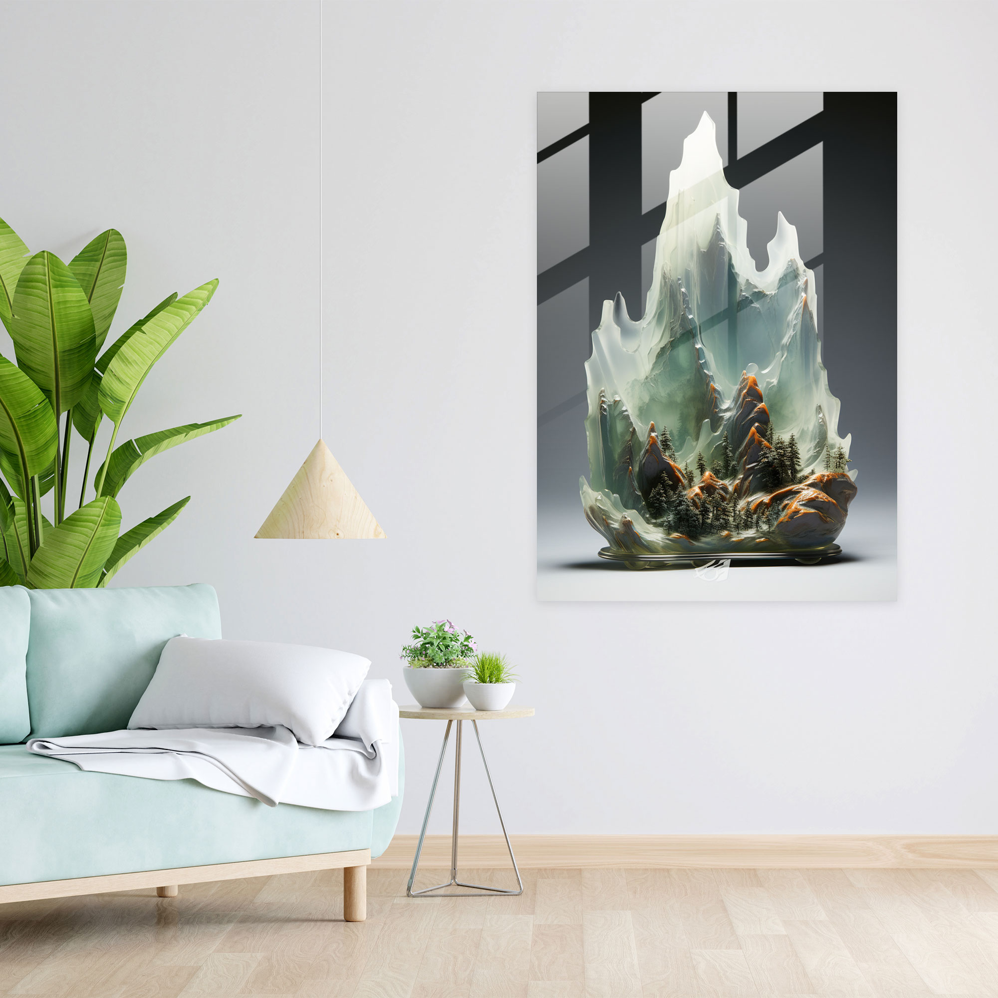 Realistic Glass Sculpture - Misty Mountain Glass Print - Realistic Glass Sculpture, Glass Print, Mountain Landscape, Misty Clouds