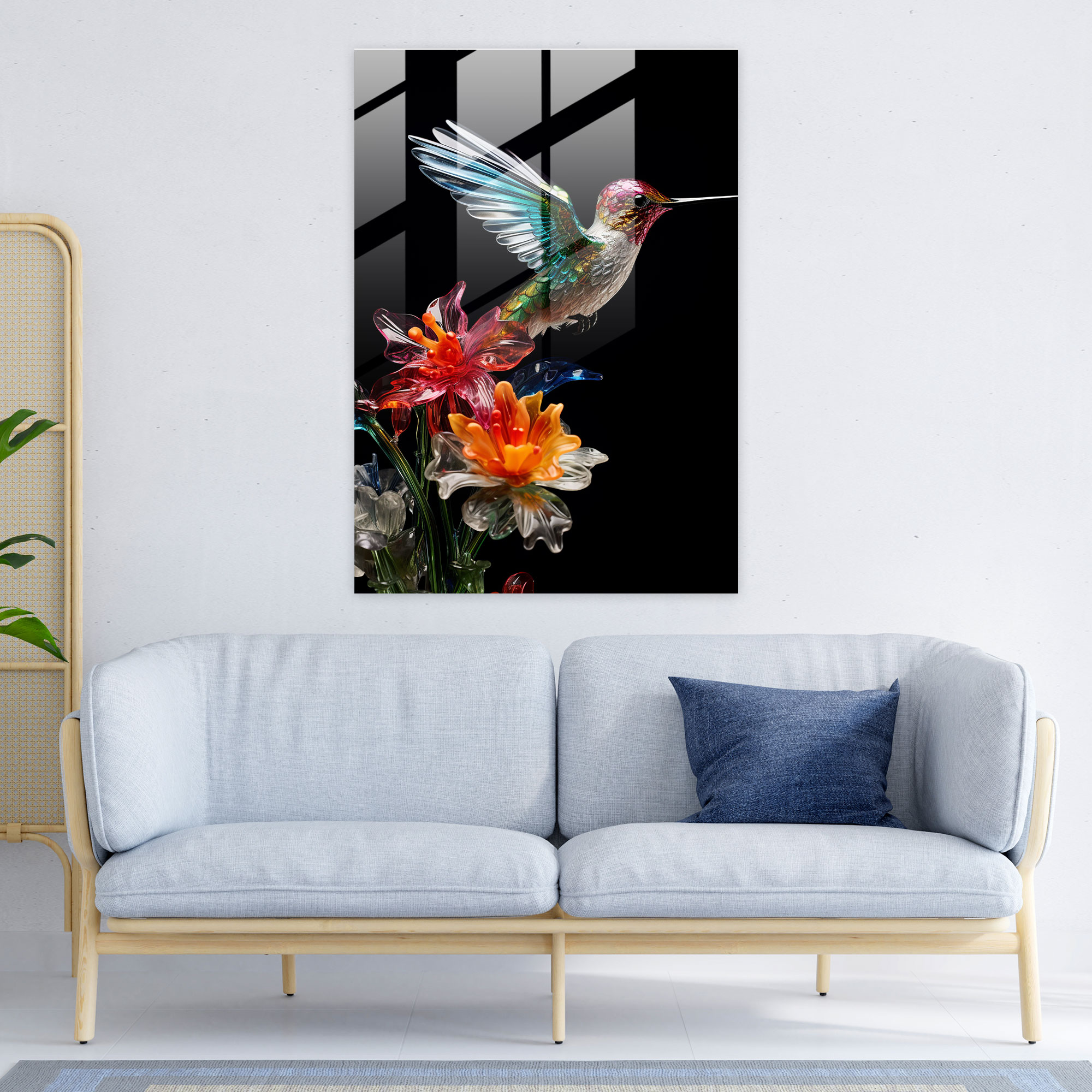 Realistic Glass Sculpture - Hummingbird Haven Glass Print - Realistic Glass Sculpture, Wall Decoration, Bird Theme, Colorful Flower