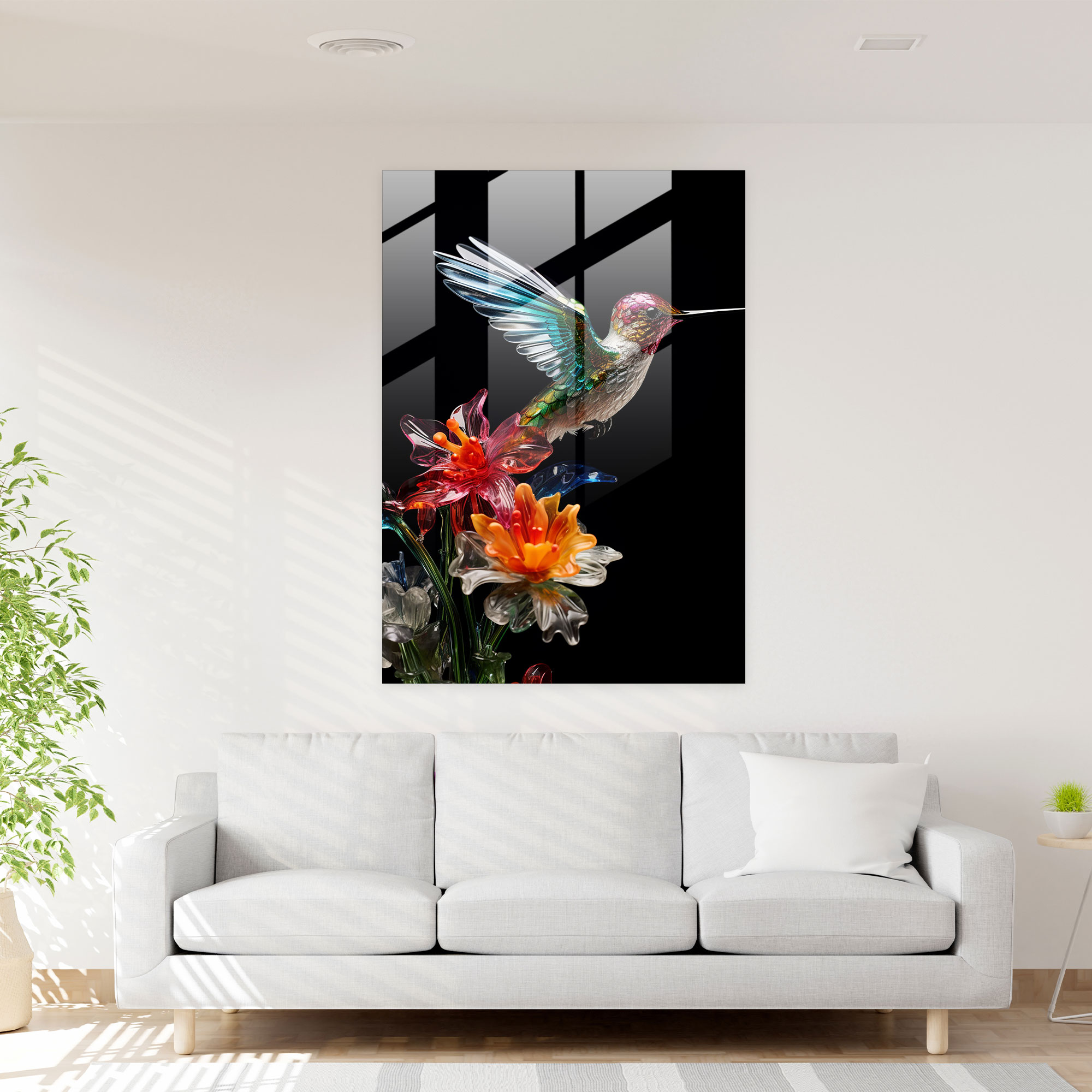 Realistic Glass Sculpture - Hummingbird Haven Glass Print - Realistic Glass Sculpture, Wall Decoration, Bird Theme, Colorful Flower