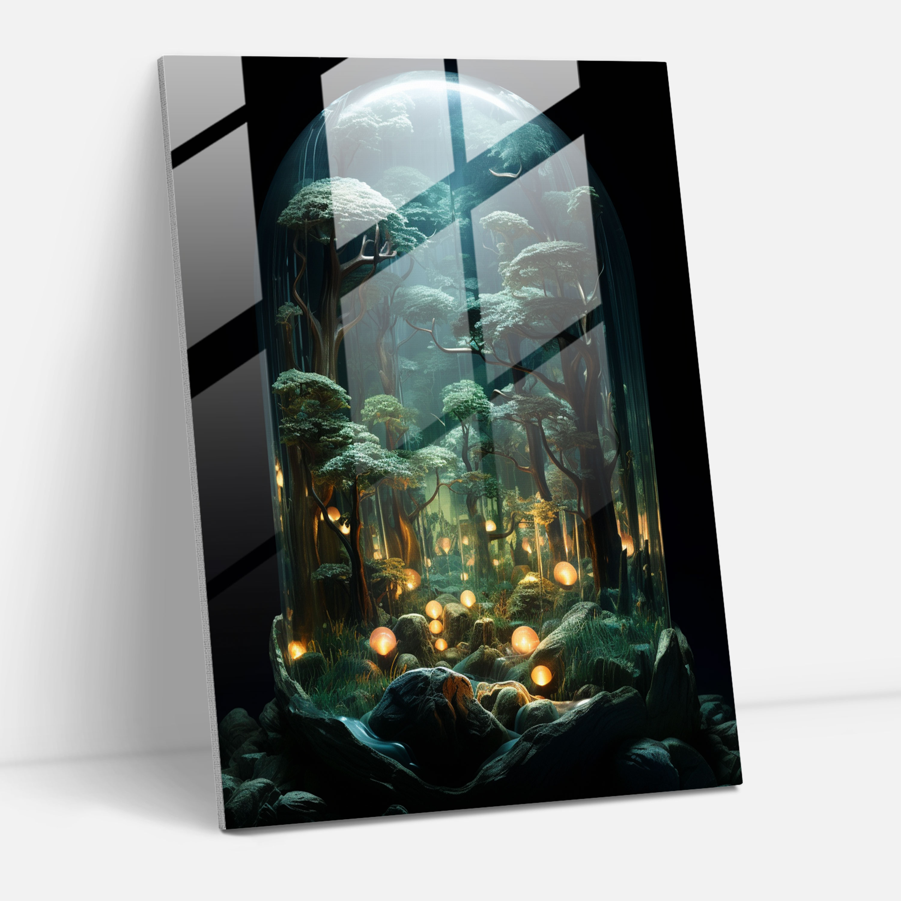 Realistic Glass Sculpture - Moonlit Forest Glass Print - Realistic Glass Sculpture, Glass Print, Home Decoration, Shimmering Moonlight