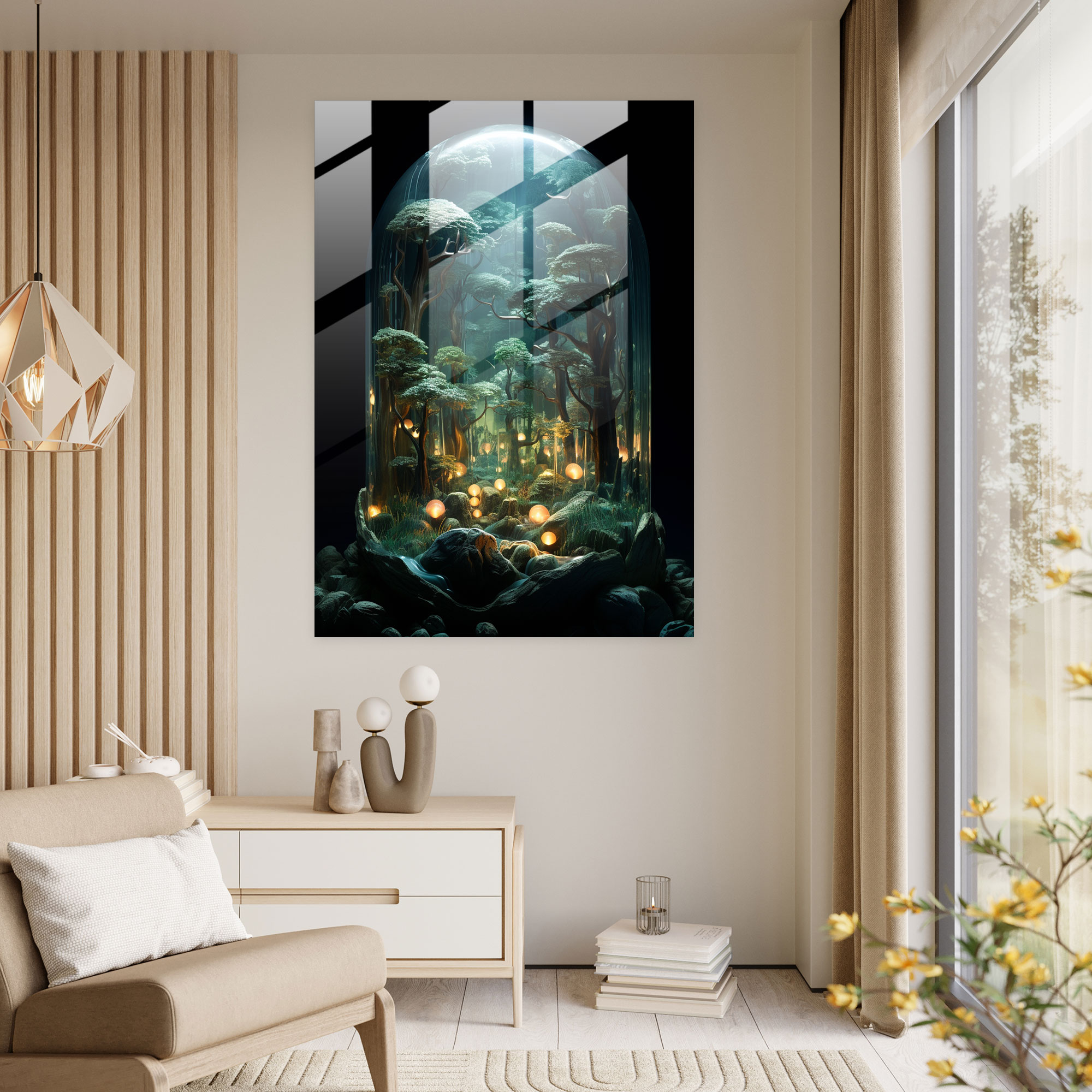 Realistic Glass Sculpture - Moonlit Forest Glass Print - Realistic Glass Sculpture, Glass Print, Home Decoration, Shimmering Moonlight