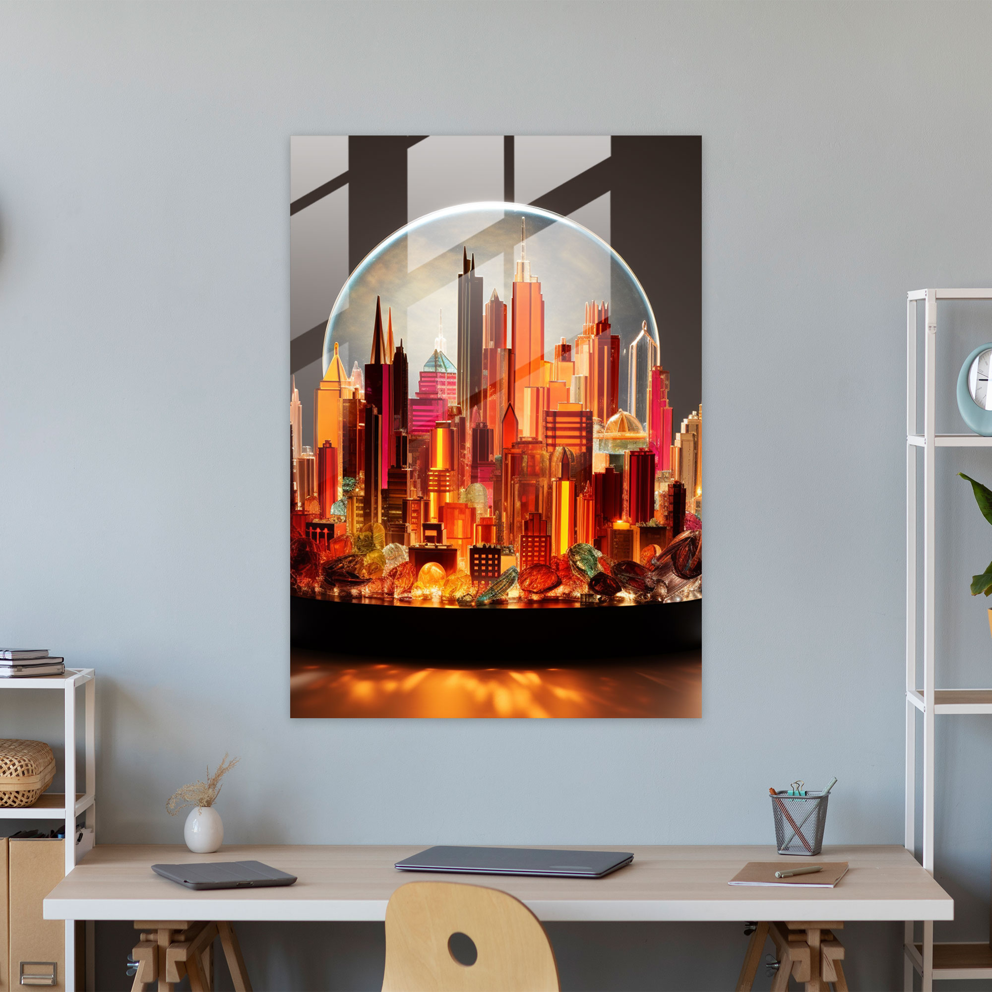 Realistic Glass Sculpture - City Skyline Glass Print - Realistic Glass Sculpture, Modern Art, City Skyline, Striking Glass Sculpture