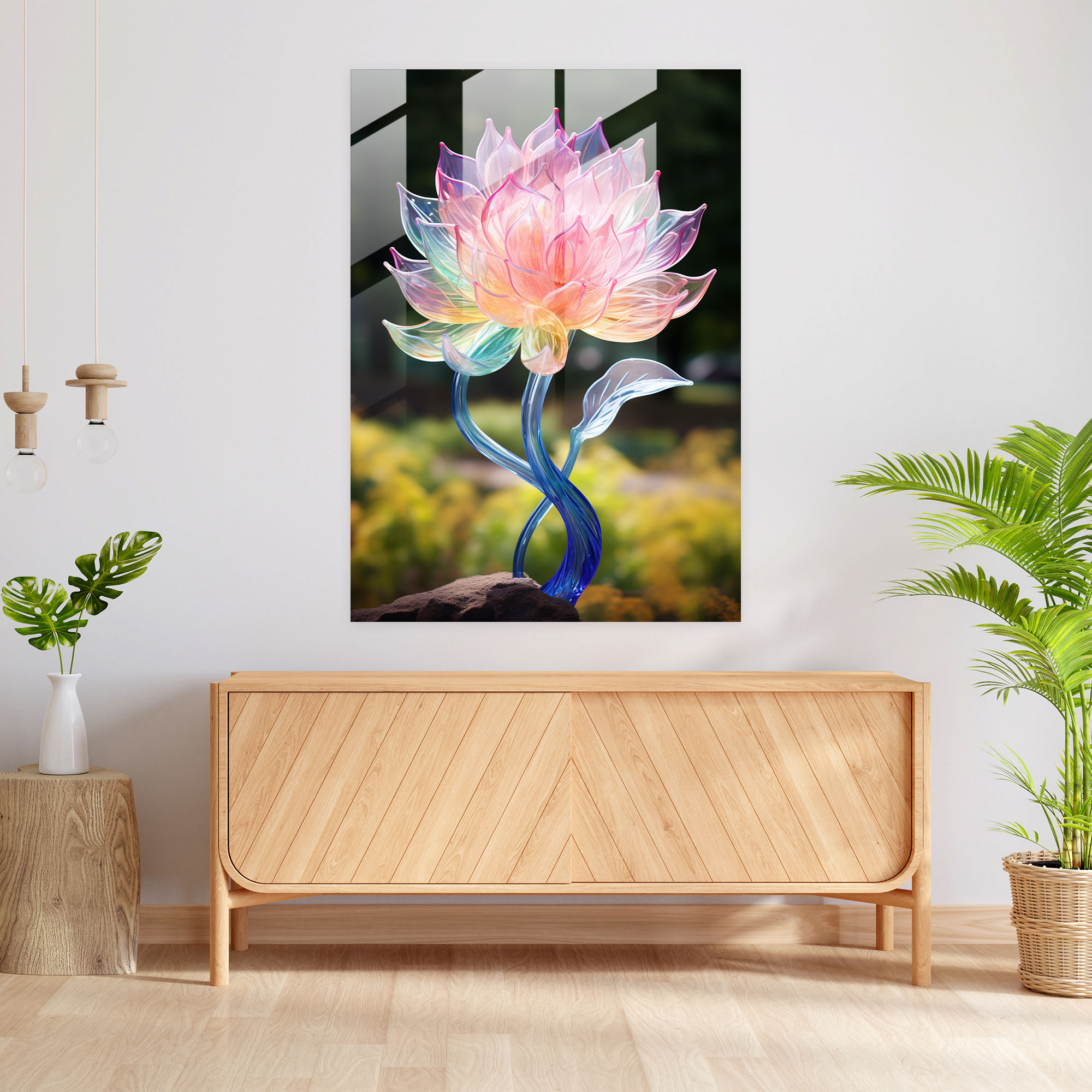 Realistic Glass Sculpture: Flower Garden Glass Print - Realistic Glass Sculpture, Home Decoration, Glass Print, Nature