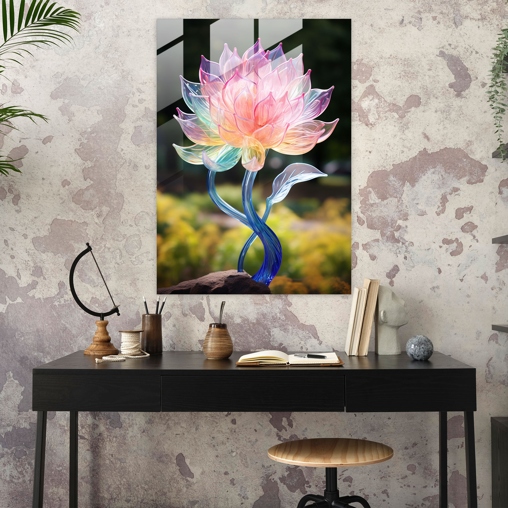 Realistic Glass Sculpture: Flower Garden Glass Print - Realistic Glass Sculpture, Home Decoration, Glass Print, Nature