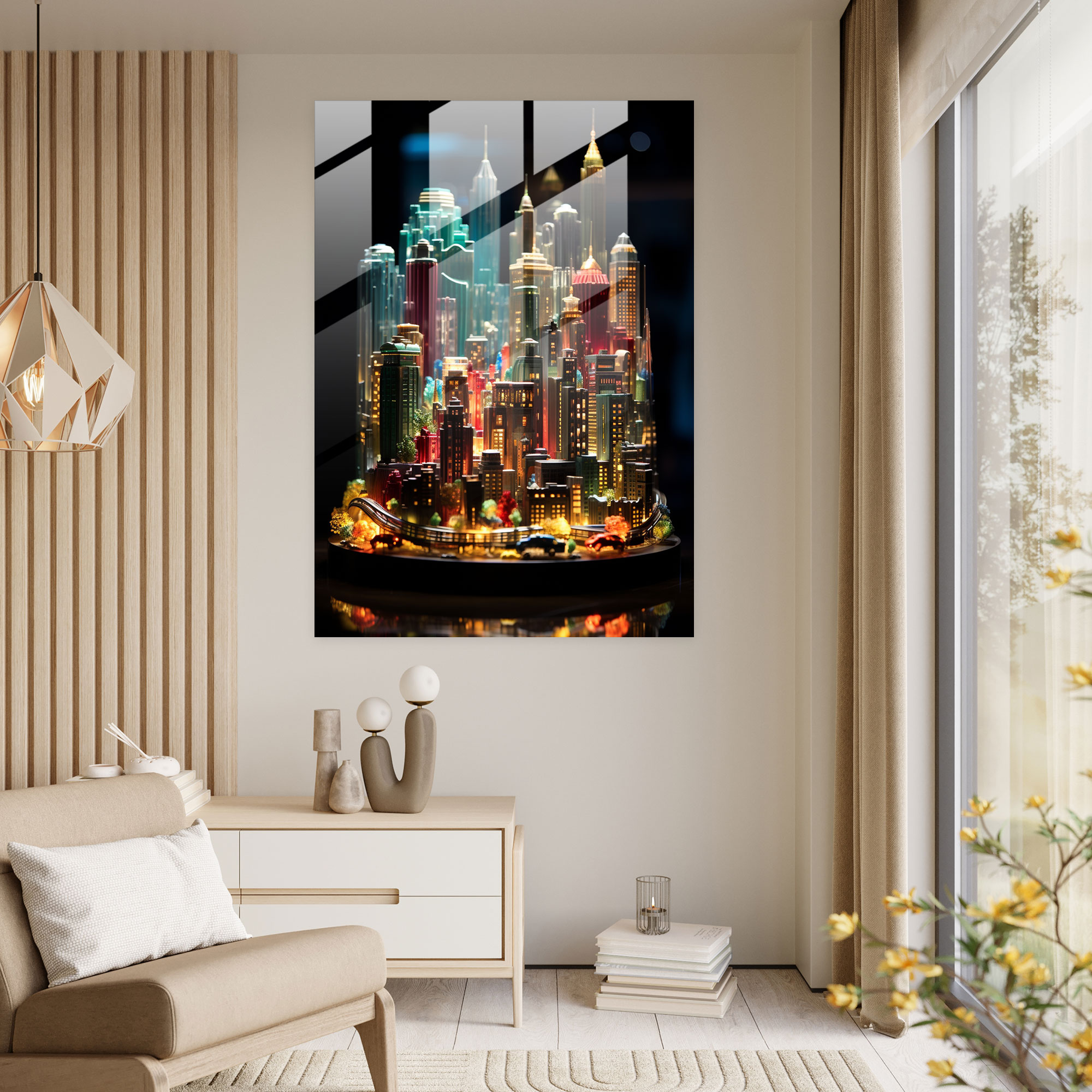 Realistic Glass Sculpture: Cityscape Glass Print - Realistic Glass Sculpture, Glass Print, Realistic Glass Sculpture, Skyscrapers