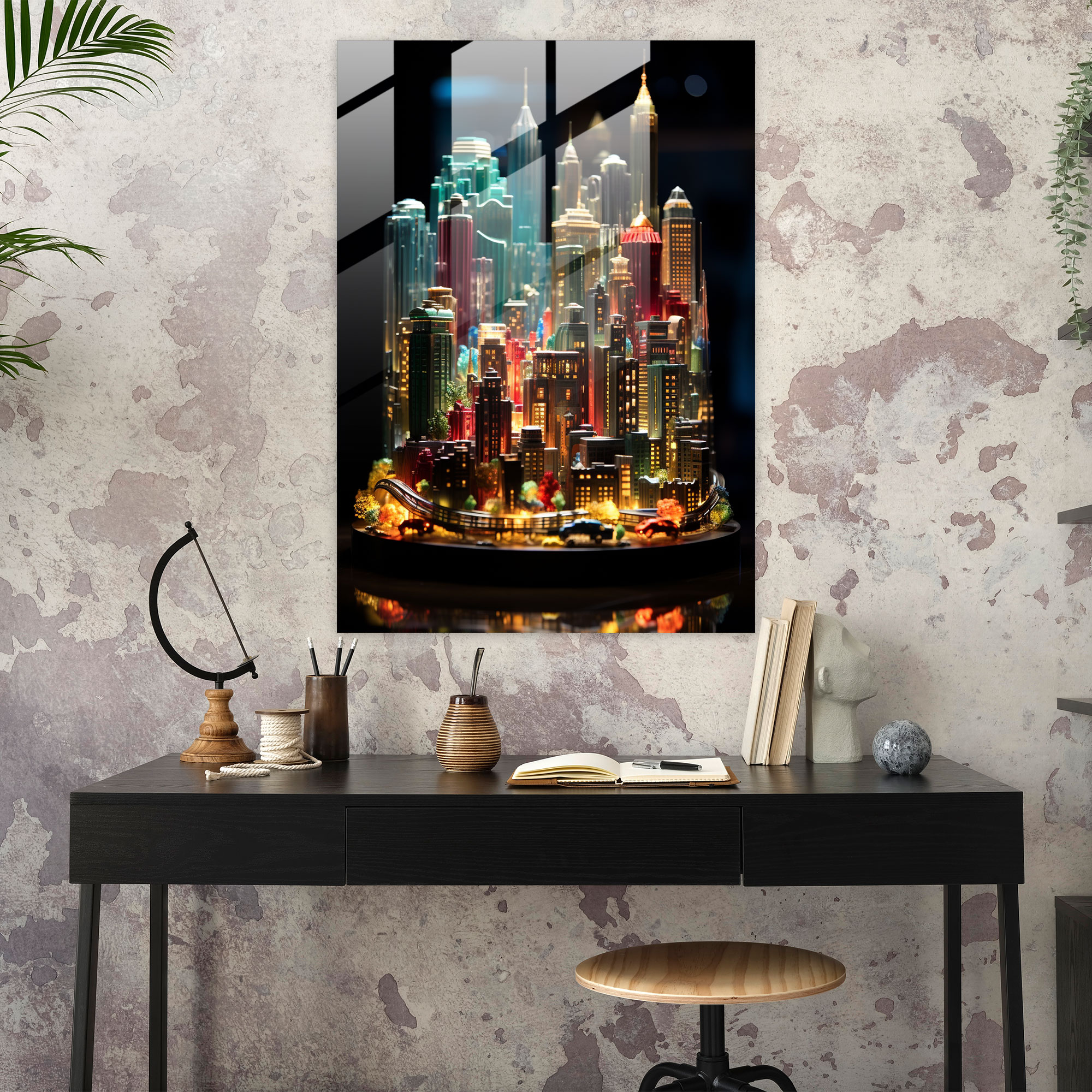 Realistic Glass Sculpture: Cityscape Glass Print - Realistic Glass Sculpture, Glass Print, Realistic Glass Sculpture, Skyscrapers