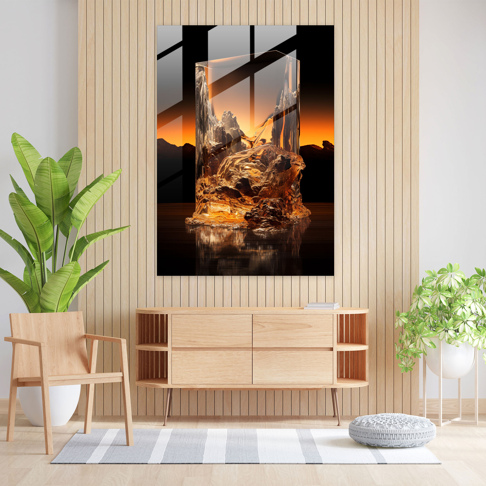 Realistic Glass Sculpture: Beach Sunset Glass Print - Realistic Glass Sculpture, Glass Print, Sunset, Home Decoration
