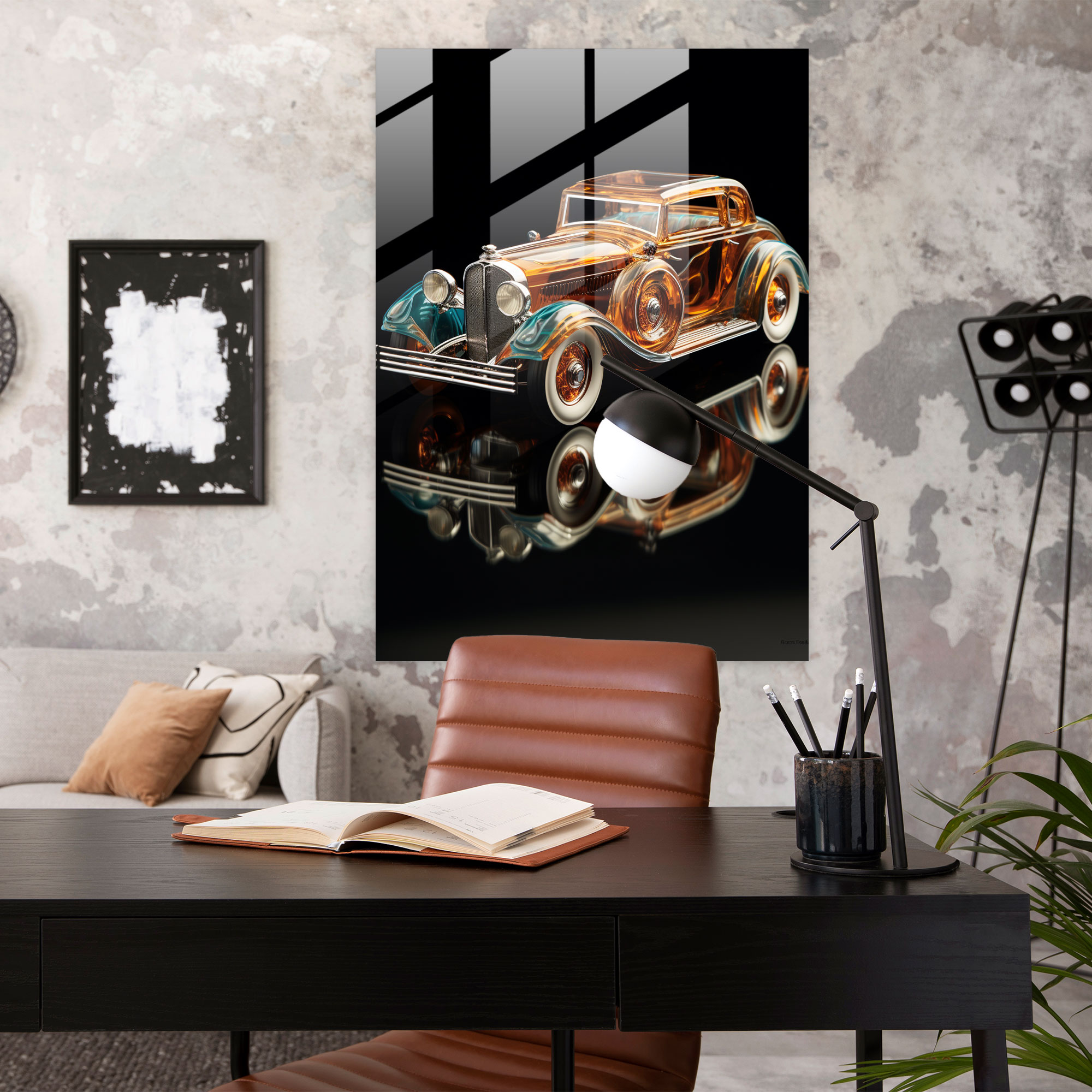 Realistic Glass Sculpture: Vintage Car Glass Print - Realistic Glass Sculpture, Timeless, Realistic Glass Sculpture, Elegance