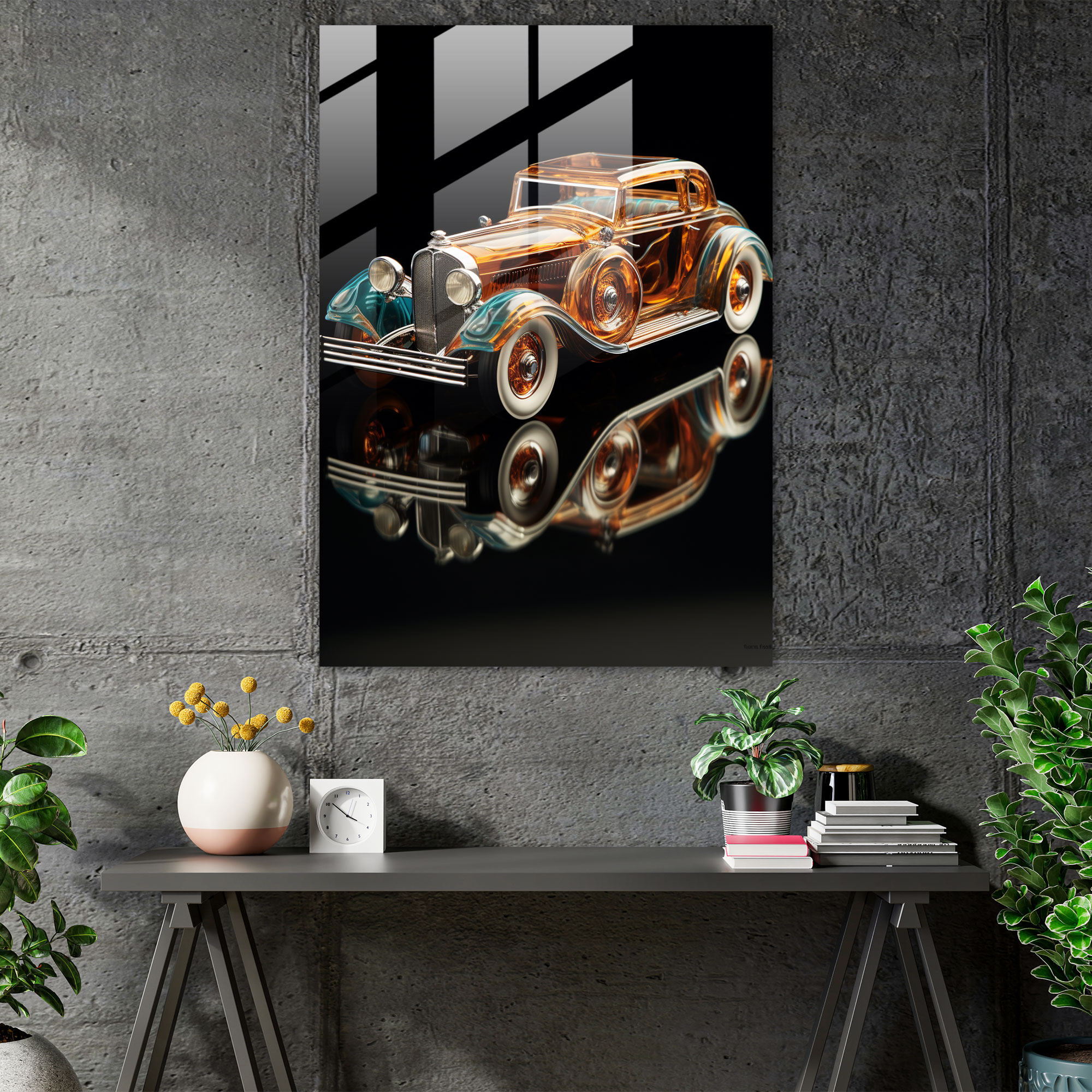 Realistic Glass Sculpture: Vintage Car Glass Print - Realistic Glass Sculpture, Timeless, Realistic Glass Sculpture, Elegance