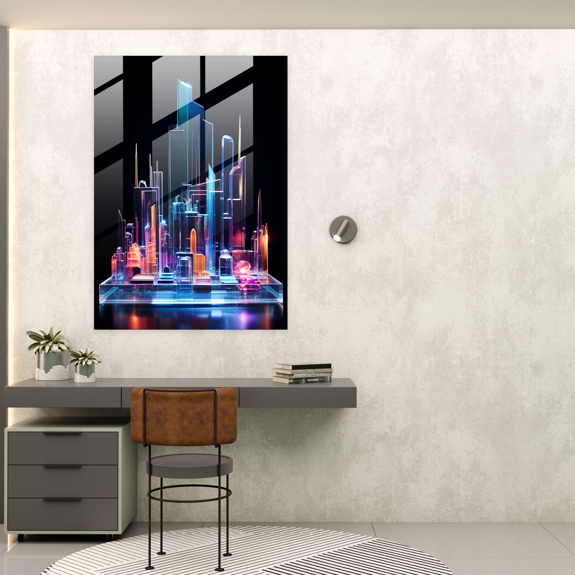 Realistic Glass Sculpture: Futuristic City Glass Print - Realistic Glass Sculpture, Home Decoration, Neon Lights, Futuristic Cityscape