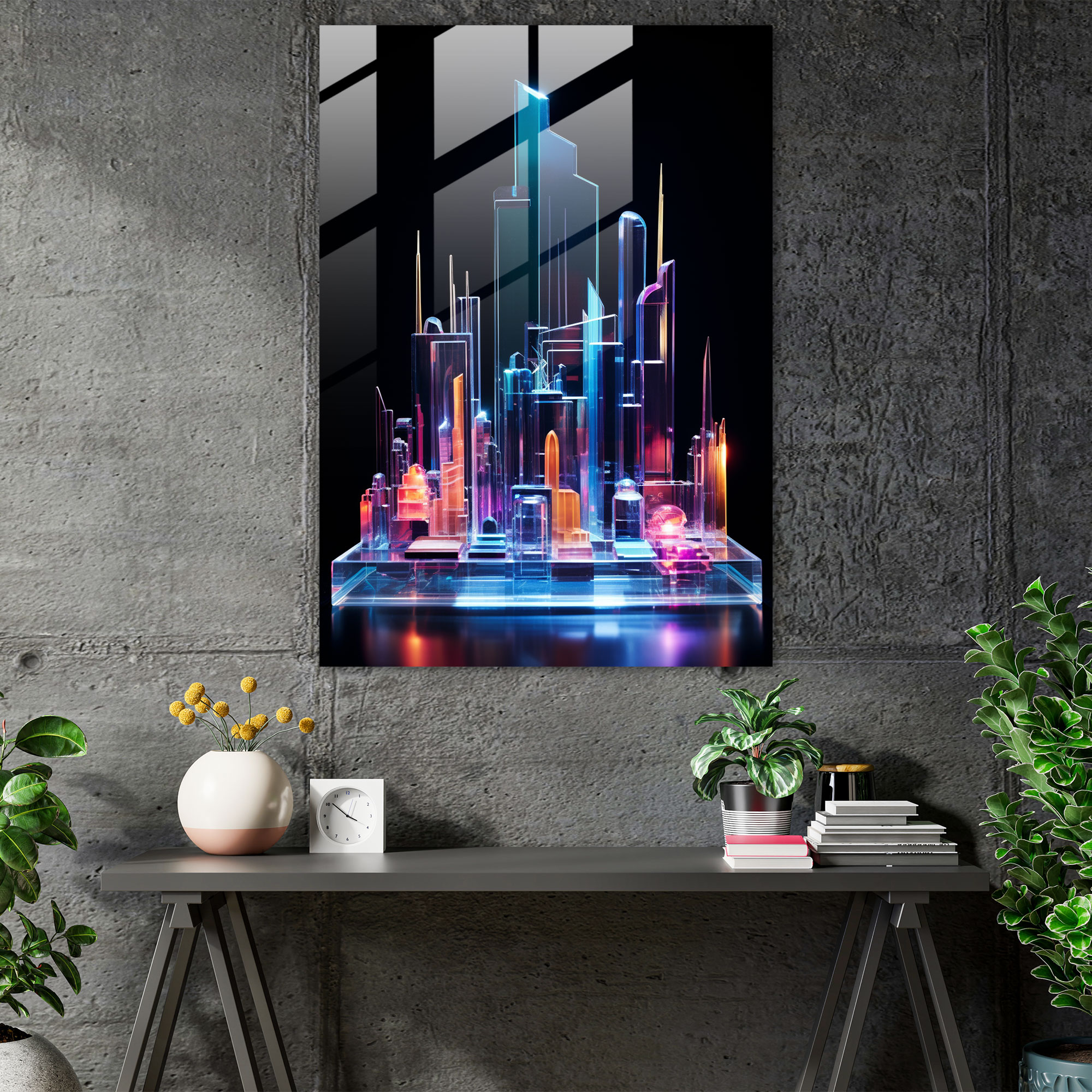 Realistic Glass Sculpture: Futuristic City Glass Print - Realistic Glass Sculpture, Home Decoration, Neon Lights, Futuristic Cityscape