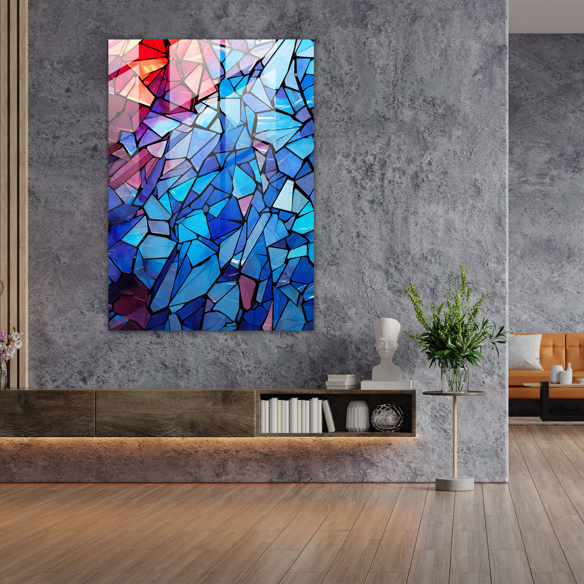 Glass Print: Colorful Abstract Shattered Glass - Realistic Glass Sculpture, Wall Decoration, Modern Art, Glass Print