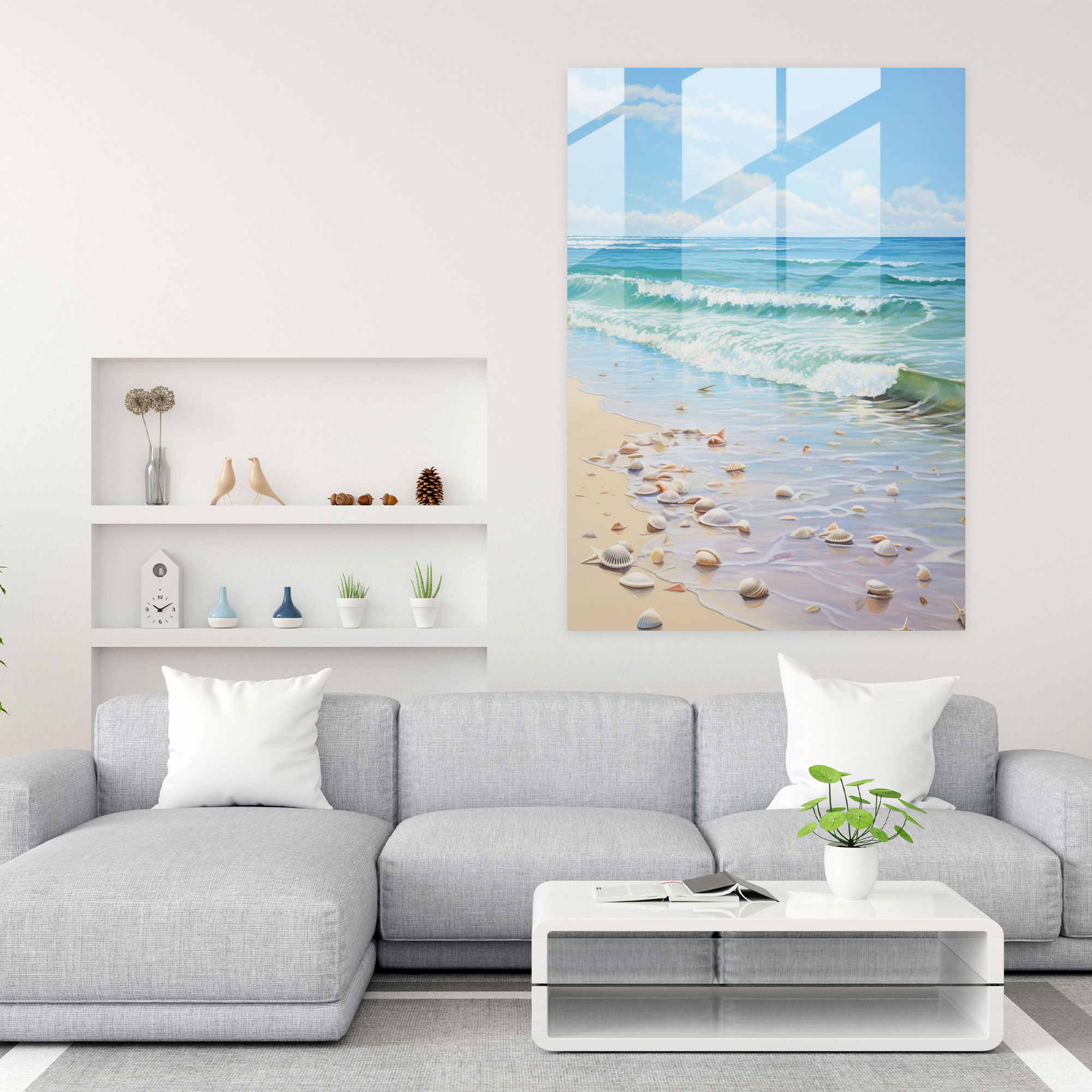 Glass Print: Serene Beachscape - Realistic Glass Sculpture, Wall Decoration, Modern Art, Crystal Clear Waters