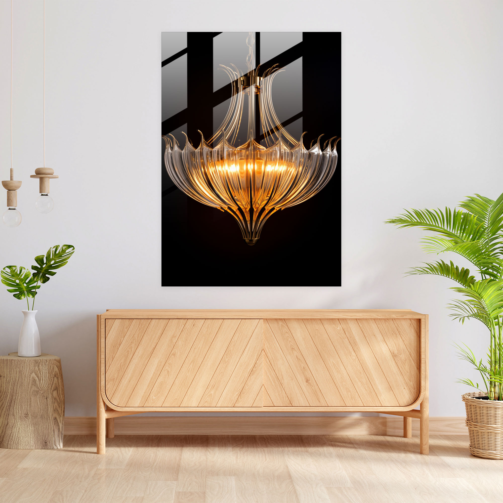 Glass Art: Delicate Glass Chandelier - Realistic Glass Sculpture, Glass Print, Living Space, Wall Decoration