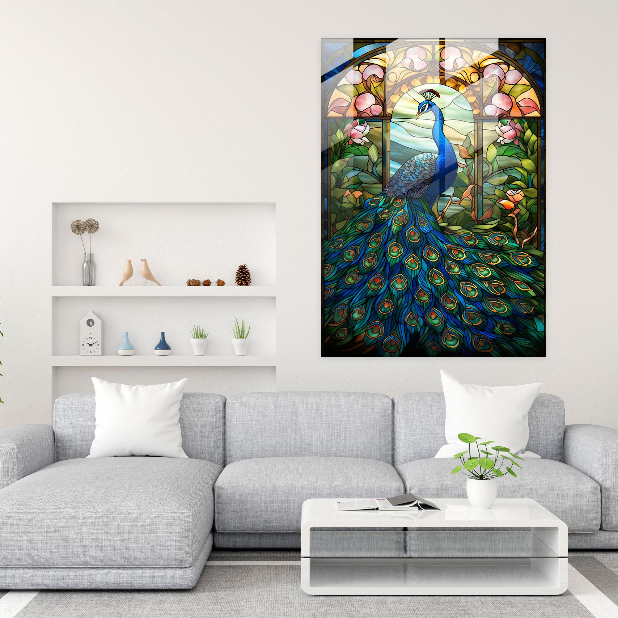 Stained Glass Print - Majestic Peacock Glass Wall Art - Realistic Glass Sculpture, Colorful, Glass Art, Elegant