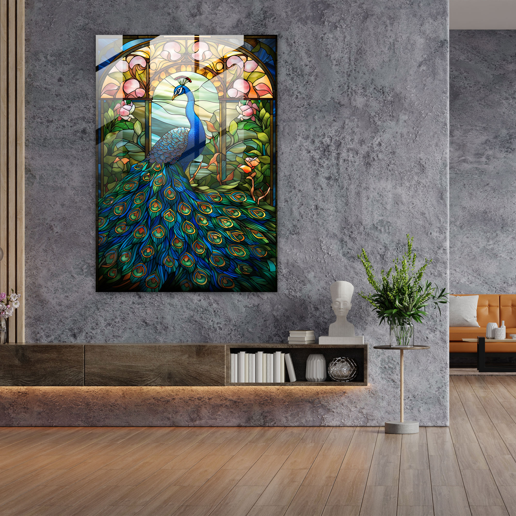 Stained Glass Print - Majestic Peacock Glass Wall Art - Realistic Glass Sculpture, Colorful, Glass Art, Elegant
