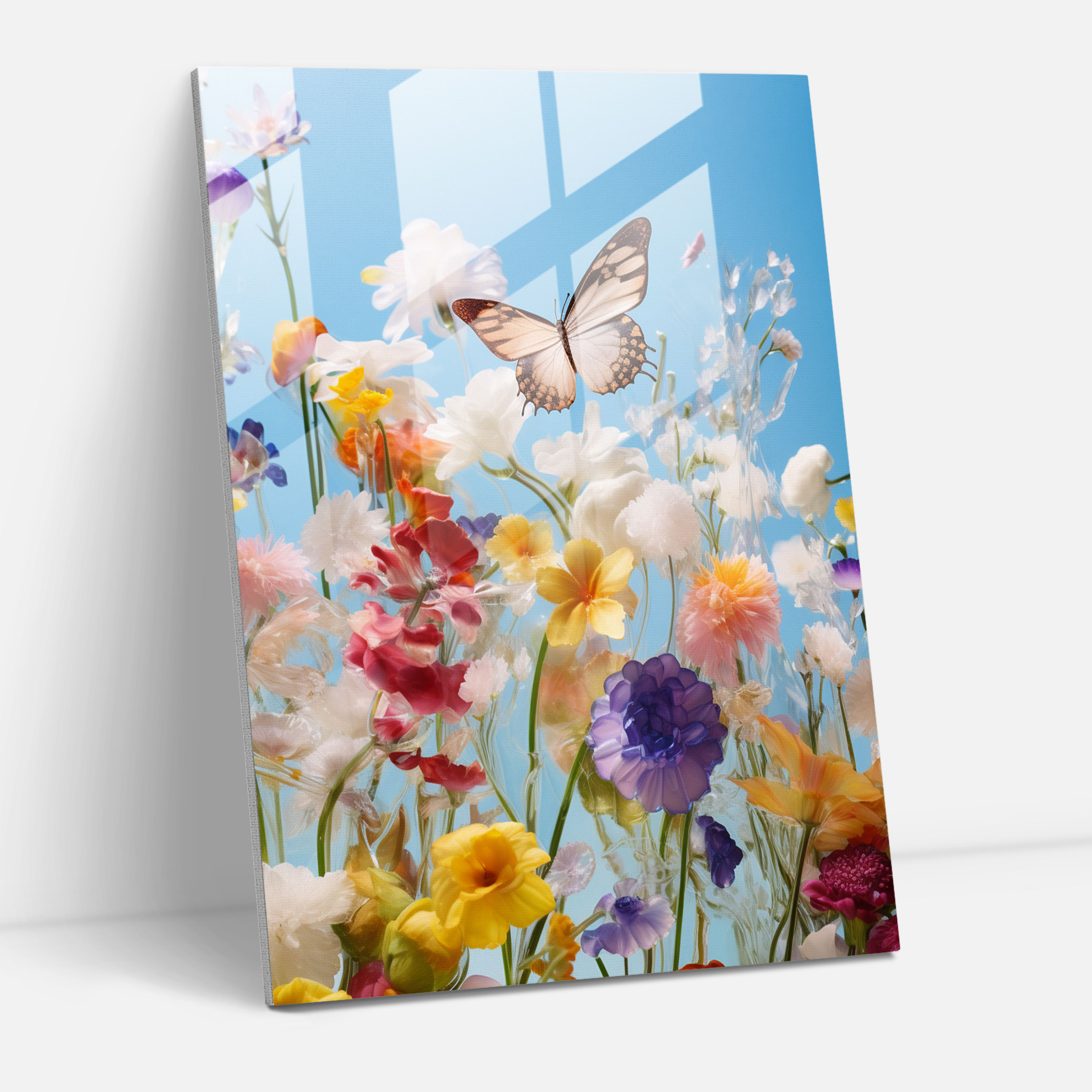 Glass Art Print - Delicate Glass Butterflies Wall Decoration - Realistic Glass Sculpture, Butterflies, Glass Wall Art, Flowers