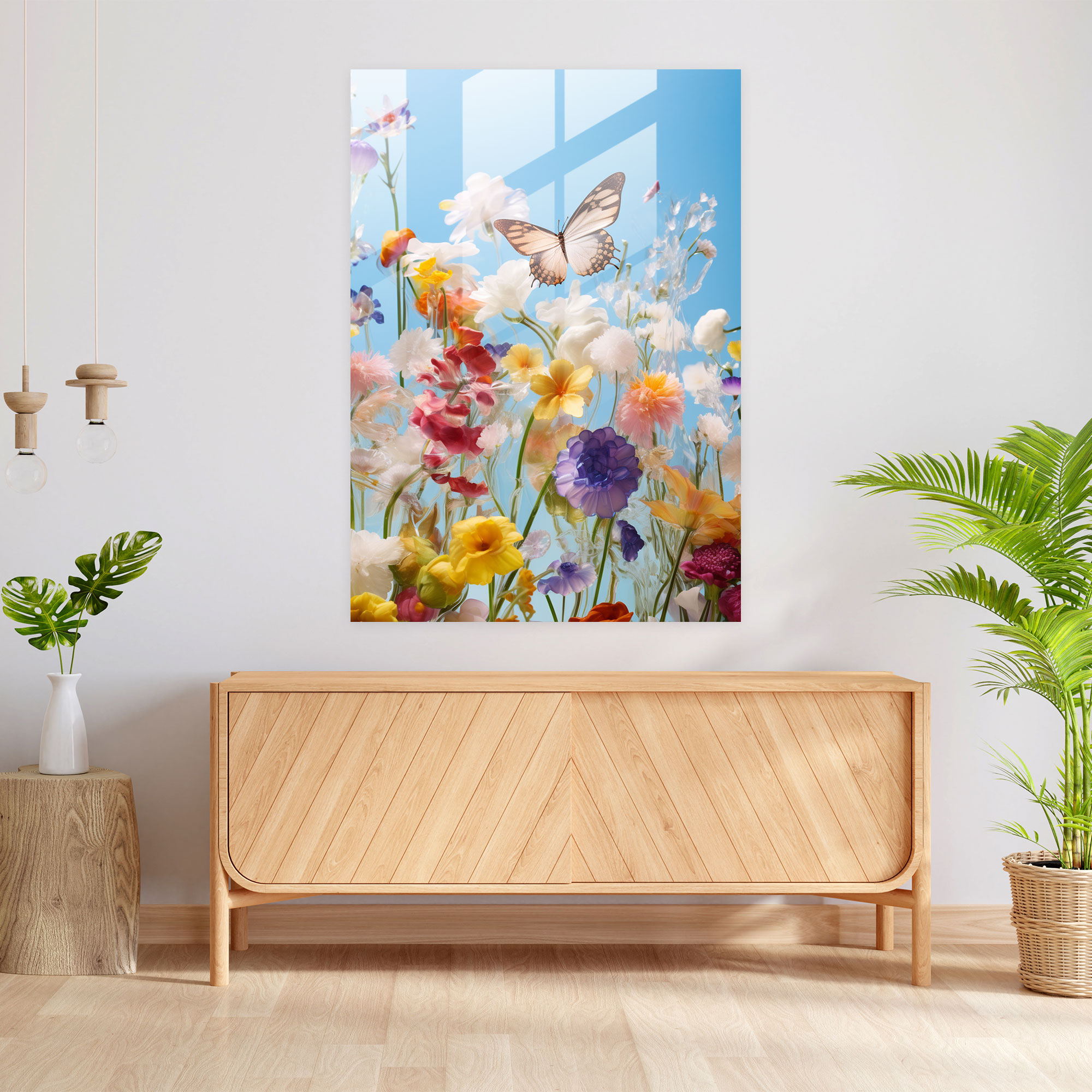 Glass Art Print - Delicate Glass Butterflies Wall Decoration - Realistic Glass Sculpture, Butterflies, Glass Wall Art, Flowers