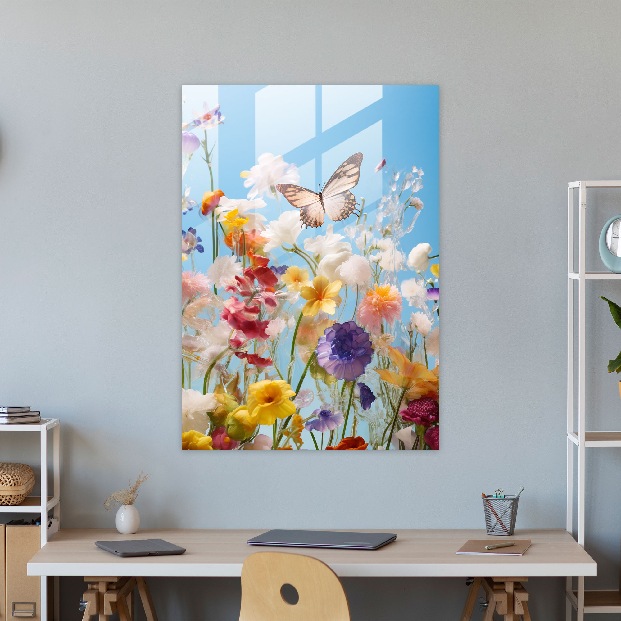 Glass Art Print - Delicate Glass Butterflies Wall Decoration - Realistic Glass Sculpture, Butterflies, Glass Wall Art, Flowers