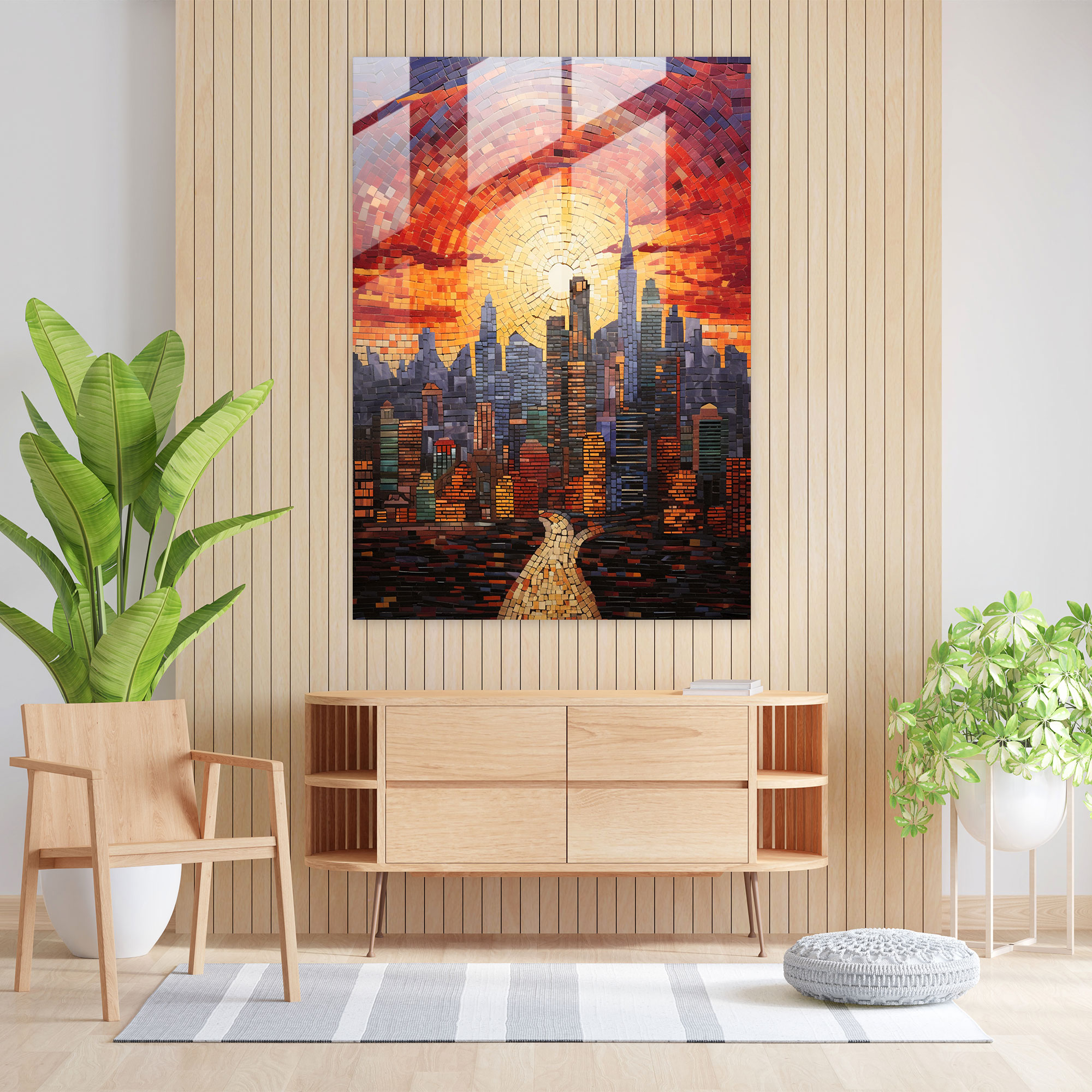 Urban Sunset Glass Mosaic - Realistic Glass Sculpture, Glass Print, Sunset, Glass Art