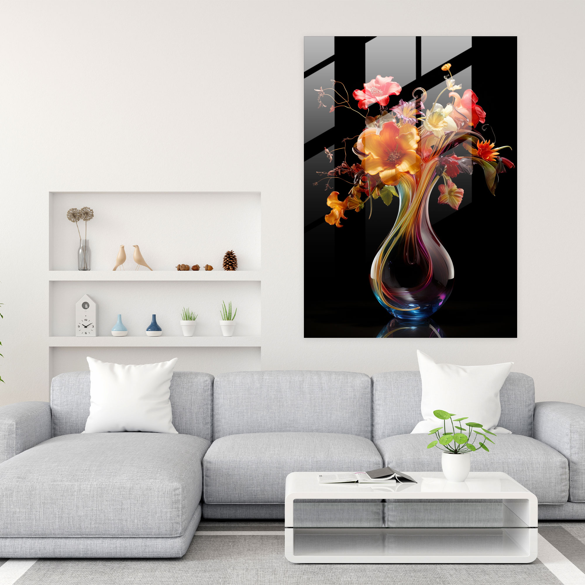 Glass Art Vase With Vibrant Flowers - Realistic Glass Sculpture, Modern Art, Glass Art, Vibrant Flowers