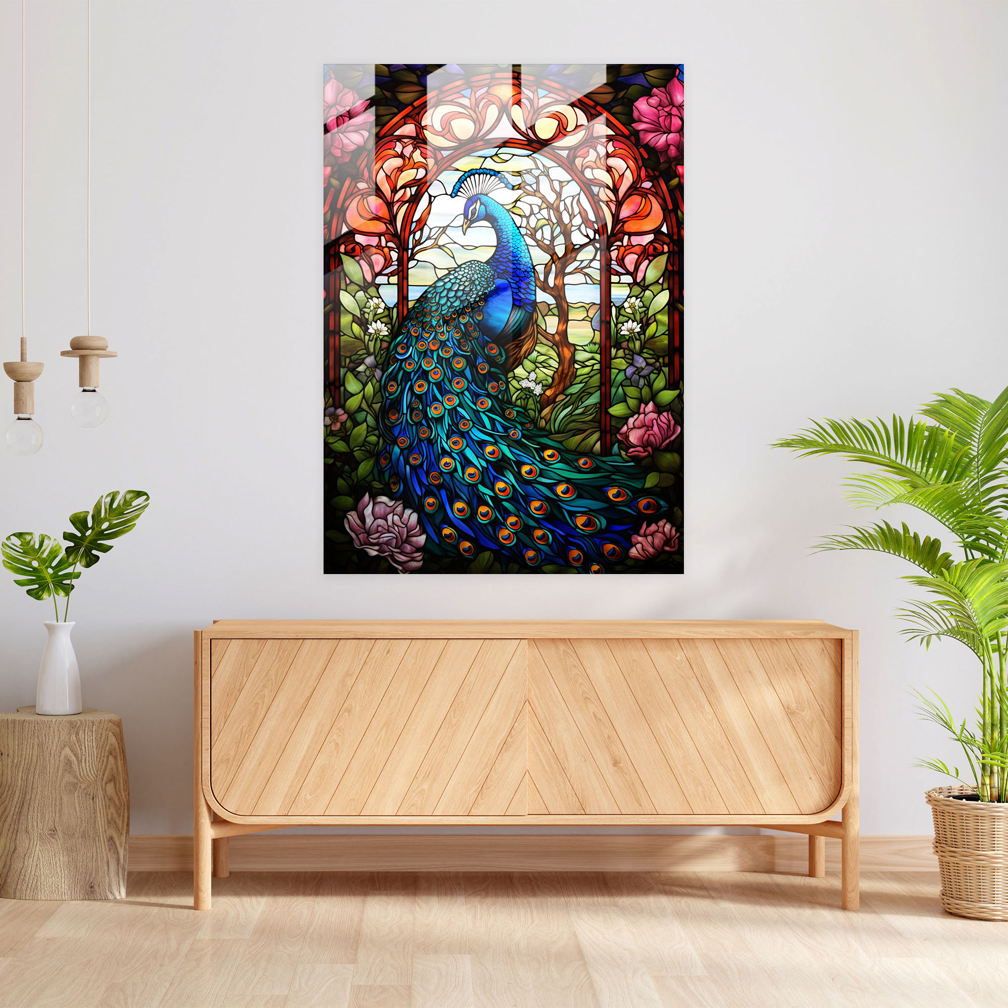 Glass Art Stained Window With Majestic Peacock - Realistic Glass Sculpture, Glass Wall Art, Wall Decoration, Modern Art